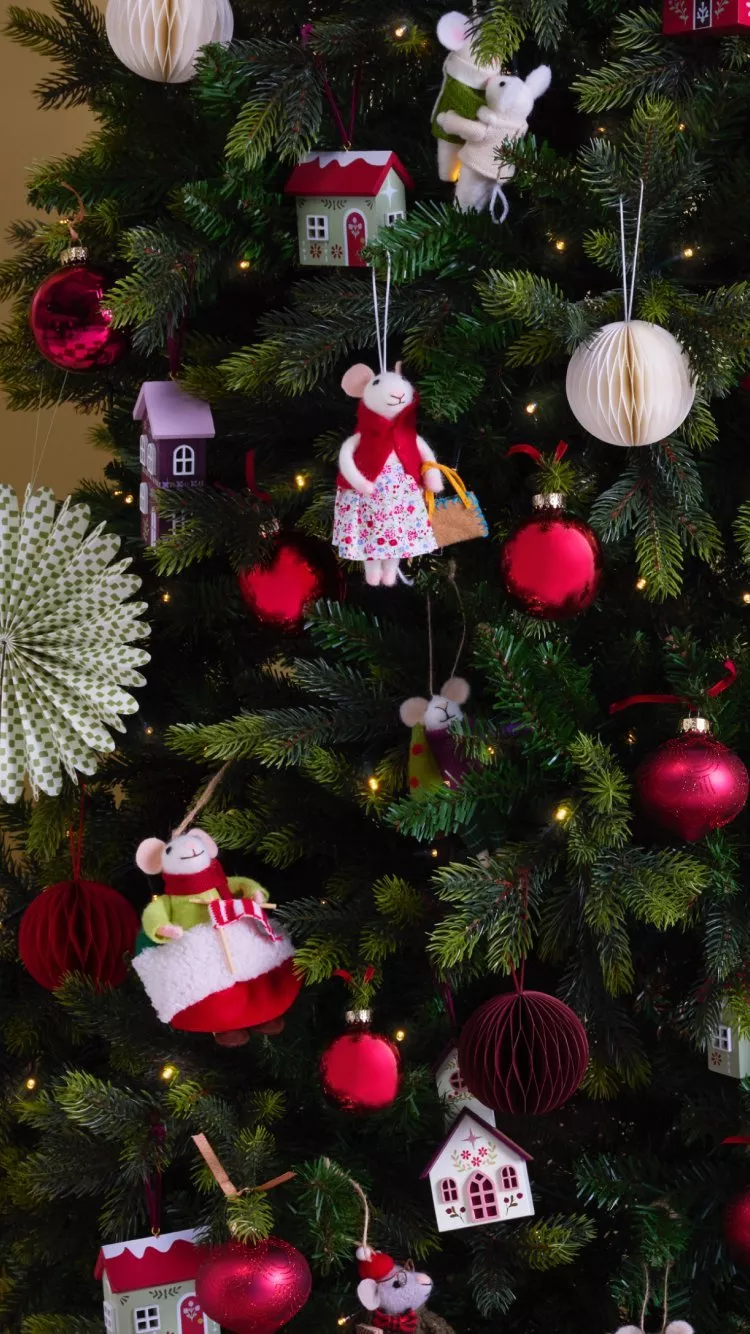 Christmas decorations hanging on a tree