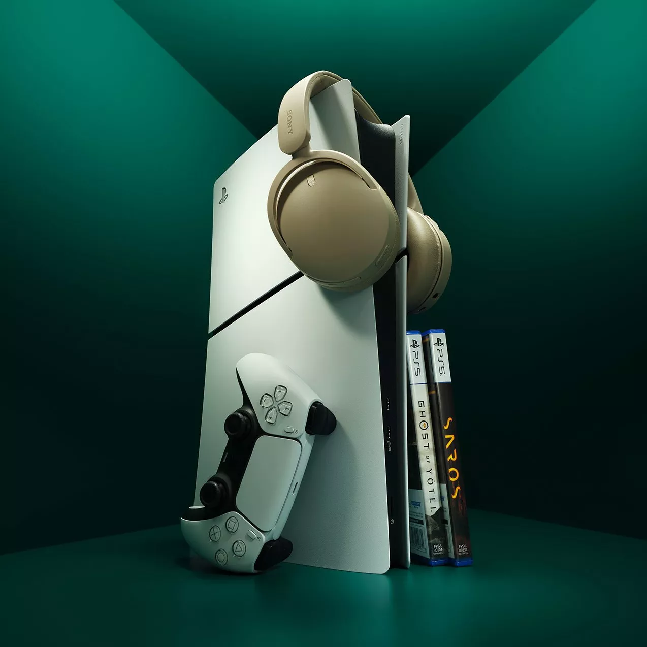 PlayStation 5 console with DualSense controller, headphones and PS5 games on a dark green background