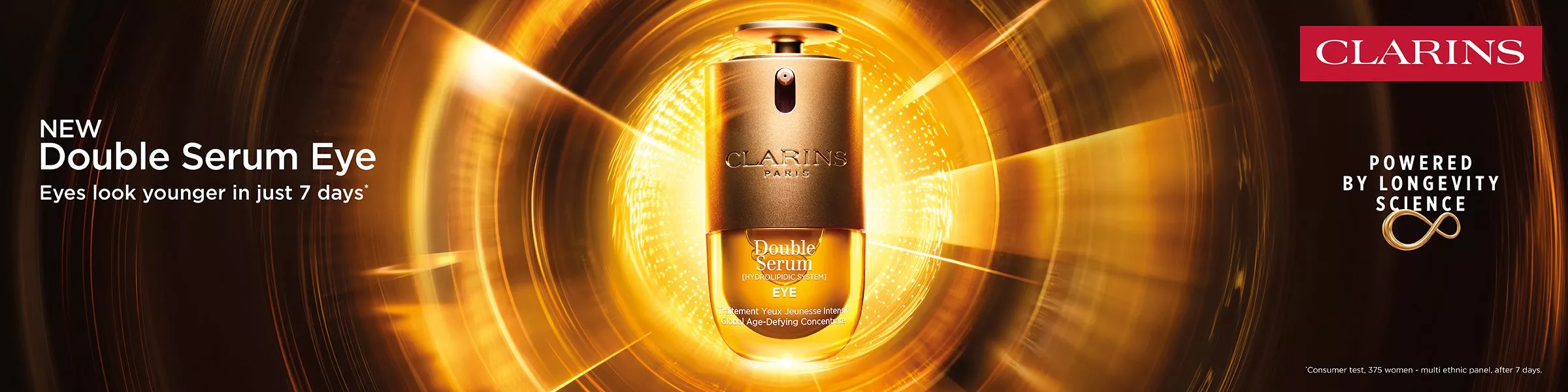 Clarins Double Serum Eye bottle in golden light swirl,