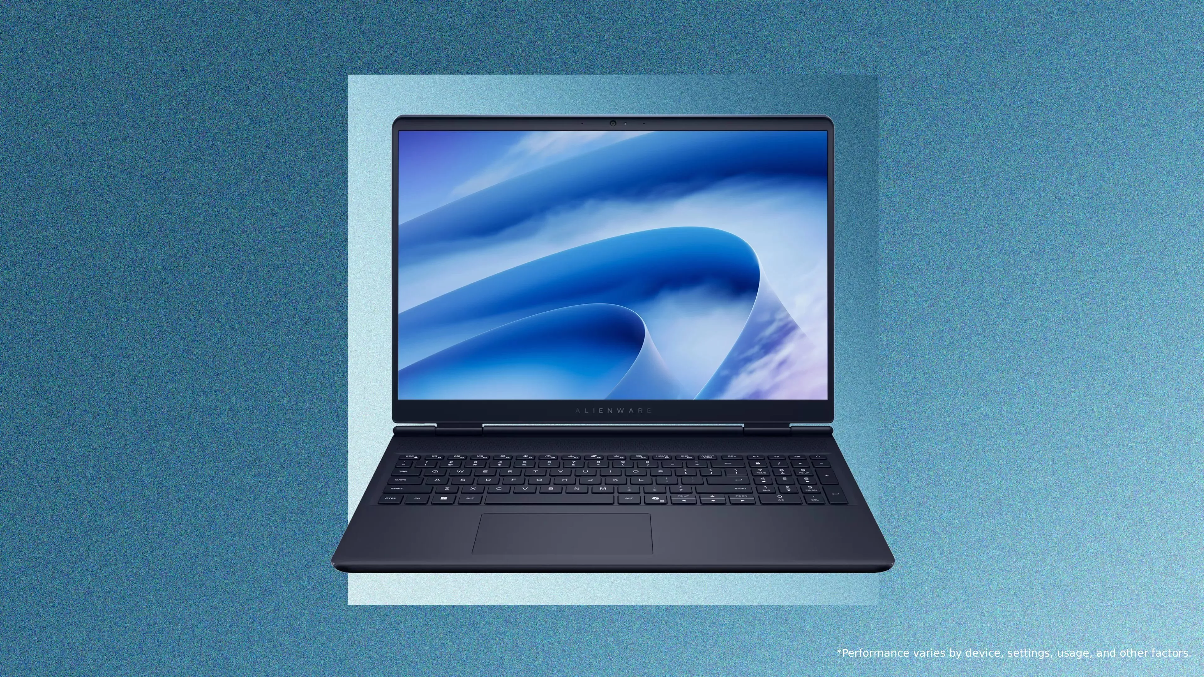 An open Dell Alienware gaming laptop with a blue abstract wallpaper, centered against a textured light-and-dark blue background.