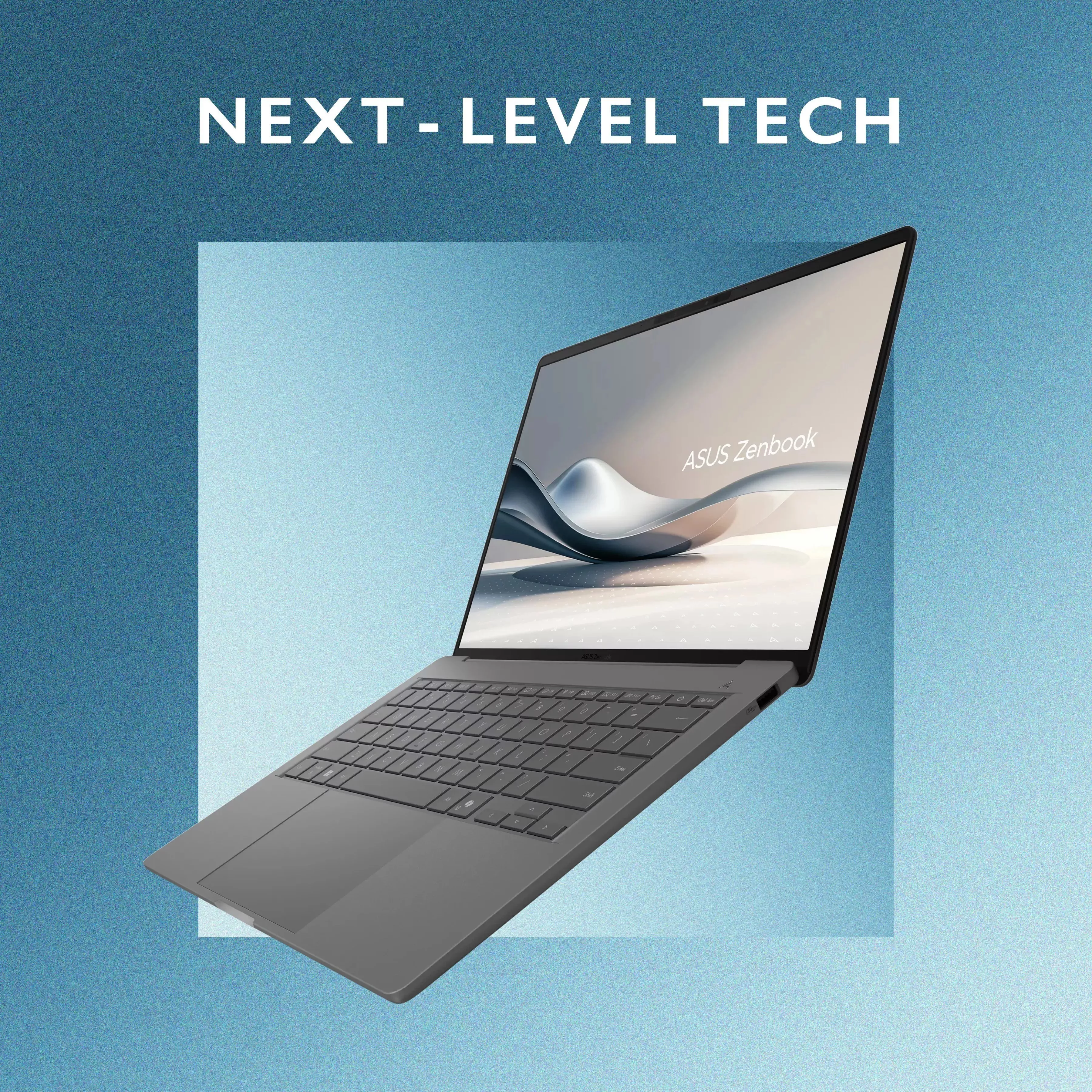 ASUS Zenbook laptop on blue background with “Next-Level Tech” headline, showing slim design and display