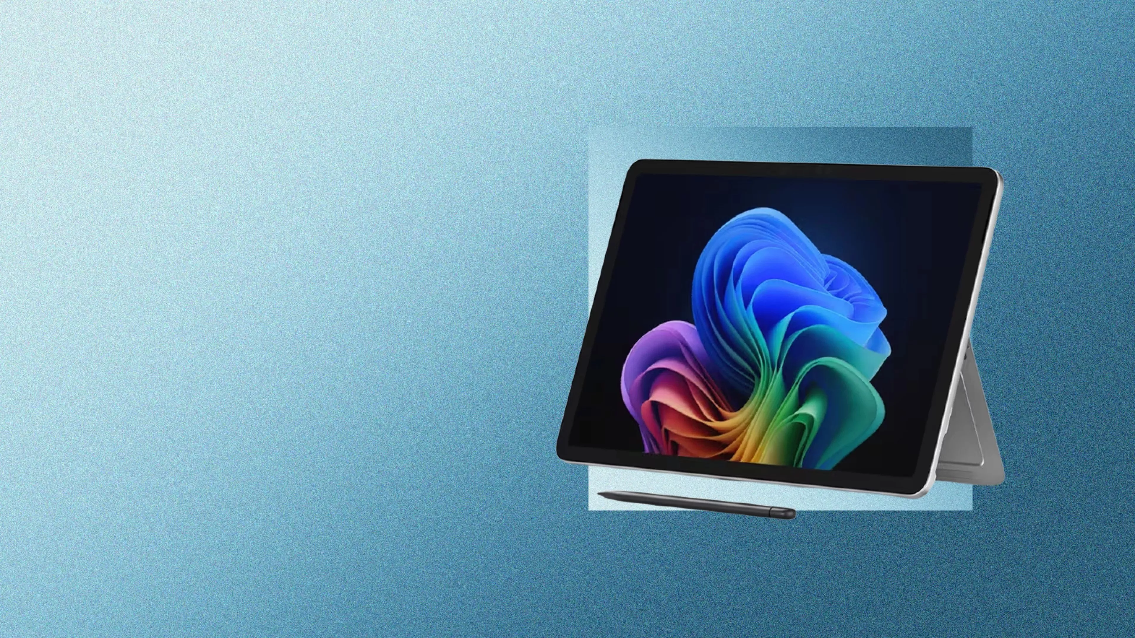 Convertible Windows tablet with kickstand and stylus, showing colourful abstract wallpaper on blue backdrop