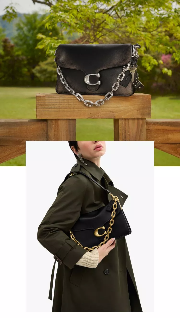 Tabby Chain Leather Crossbody Bag sitting on a branch and being held by a model in the second image