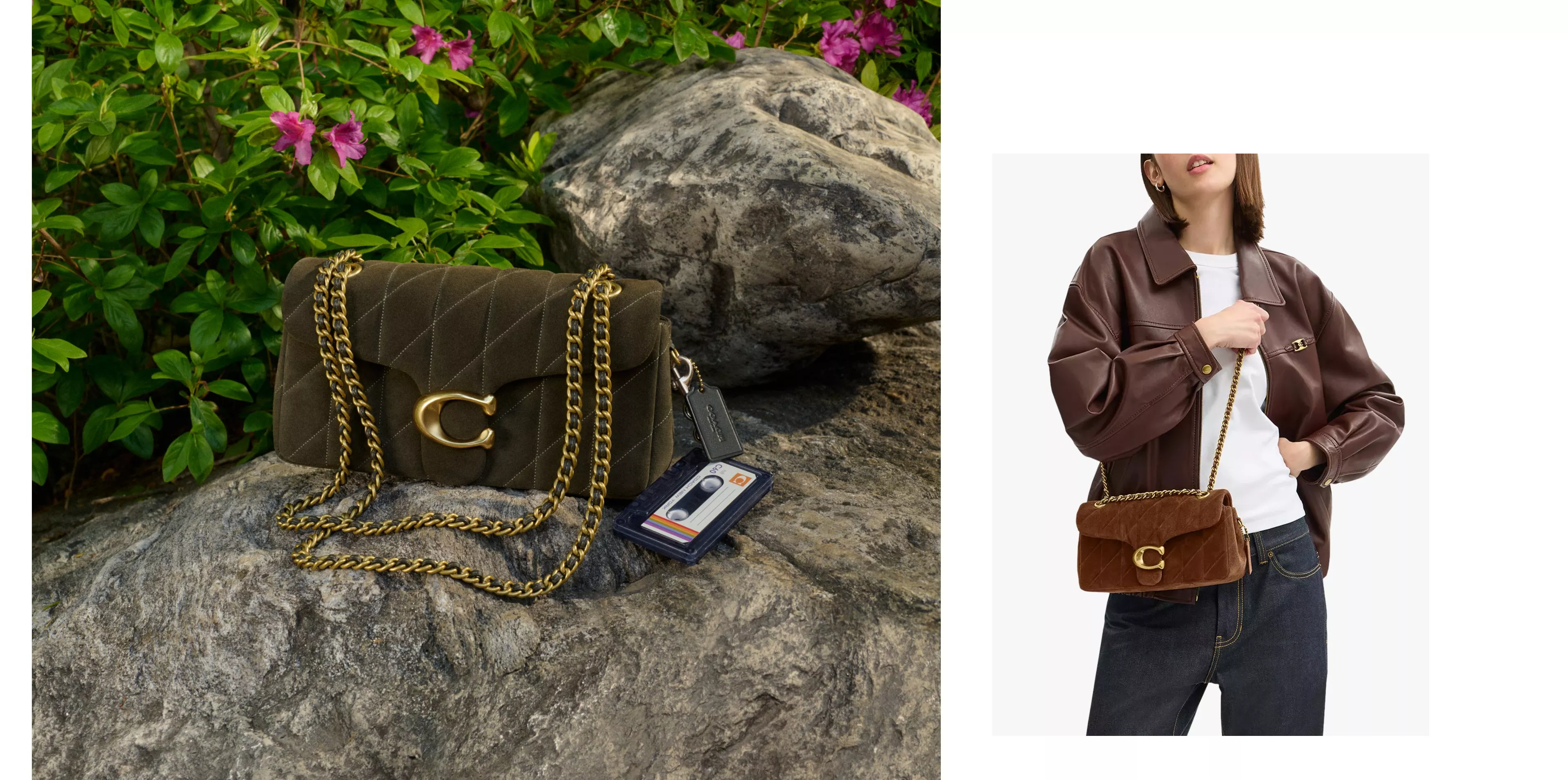 A Tabby Quilted Suede Shoulder Bag sitting on a branch and model wearing one