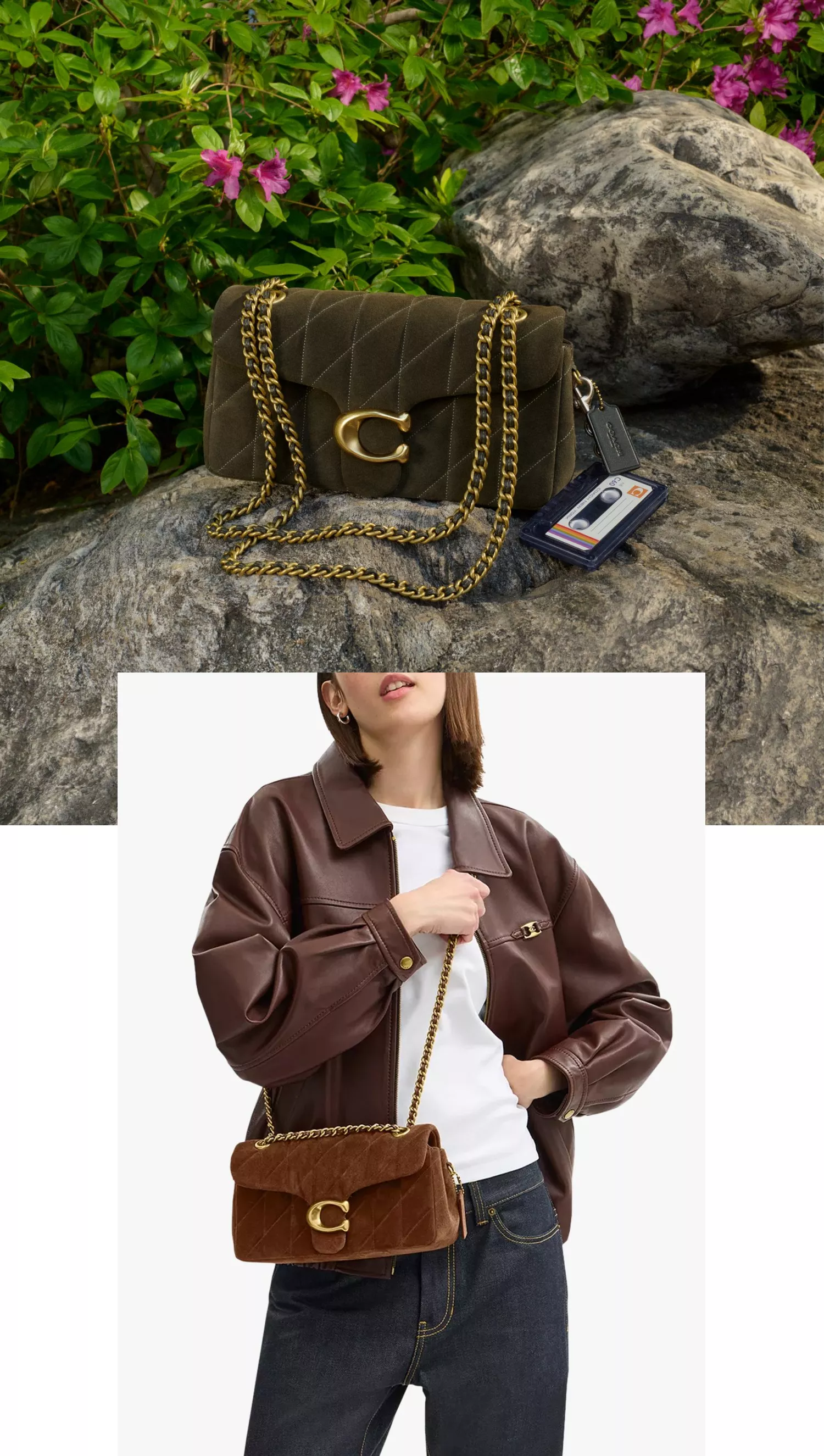 A Tabby Quilted Suede Shoulder Bag sitting on a branch and model wearing one