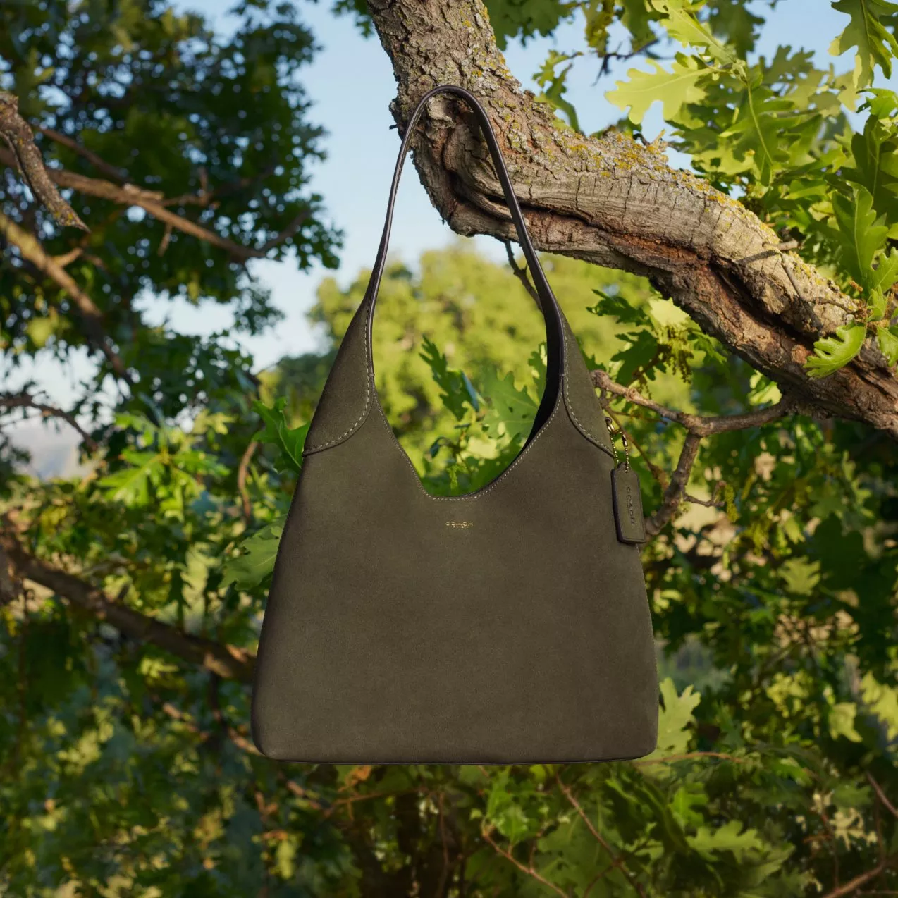 Coach Brooklyn 39 Suede Shoulder Bag in an Olie colour hanging from a tree