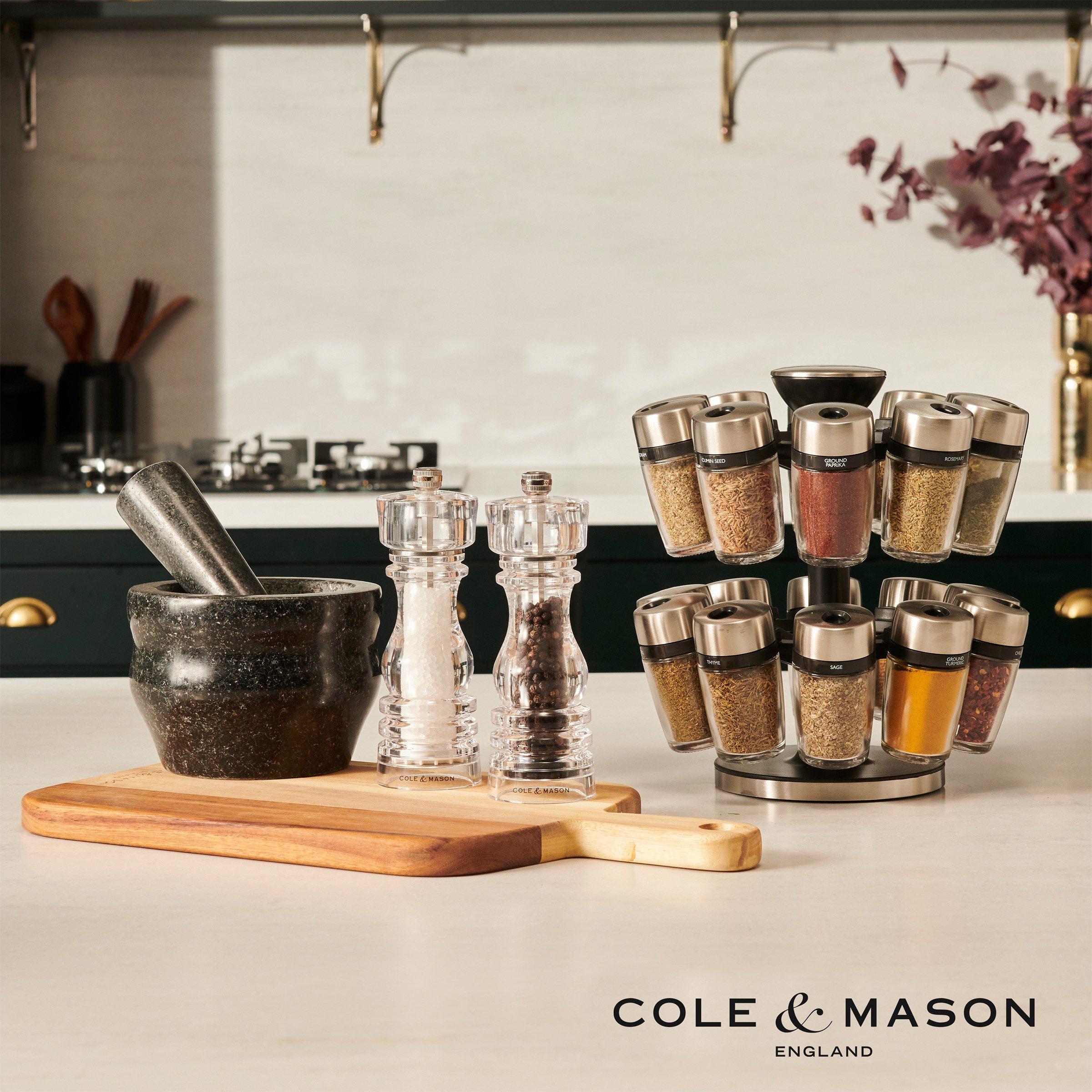 Cole and mason products on a kitchen worktop