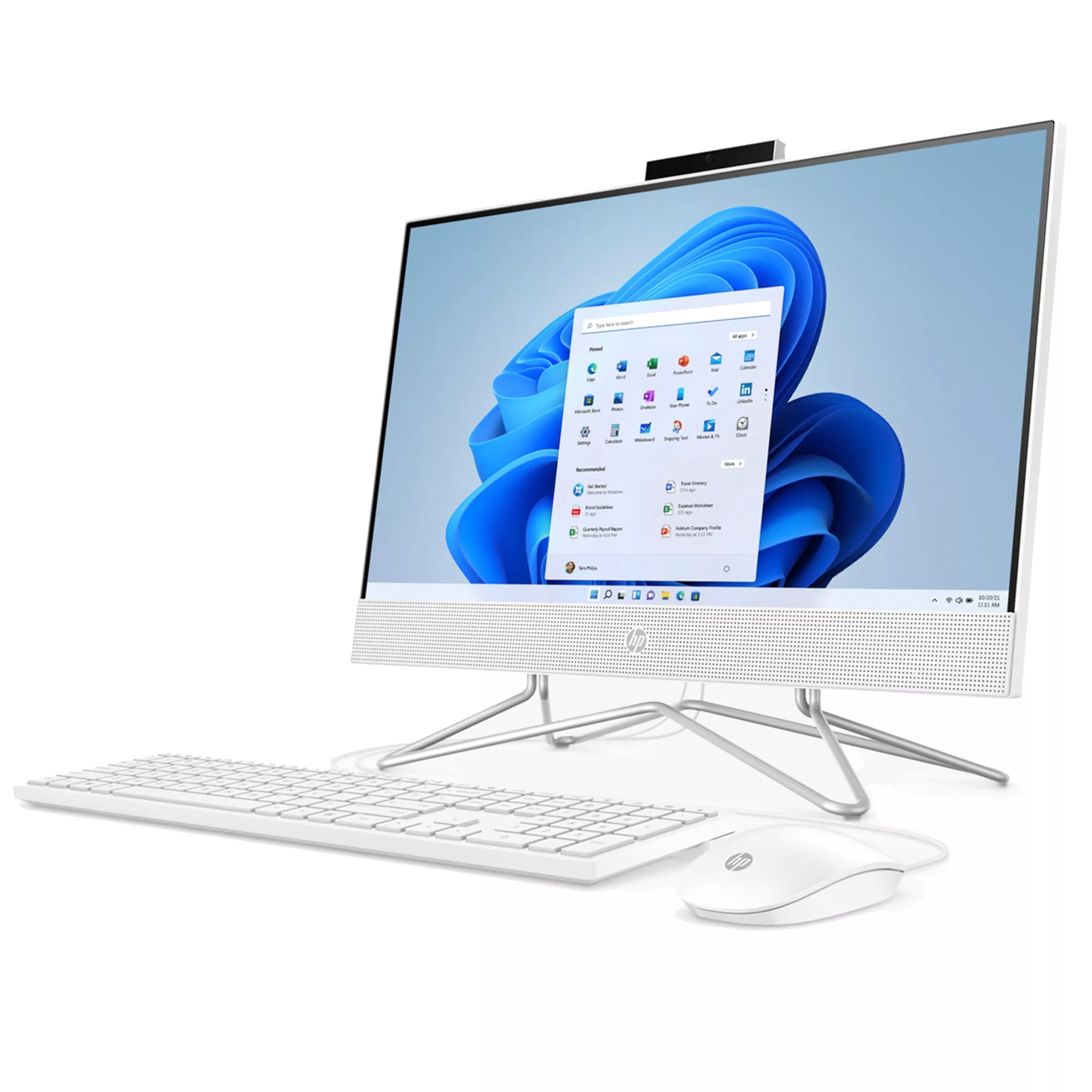 Modern all-in-one desktop computer with sleek design, featuring a large display, keyboard, and mouse setup.