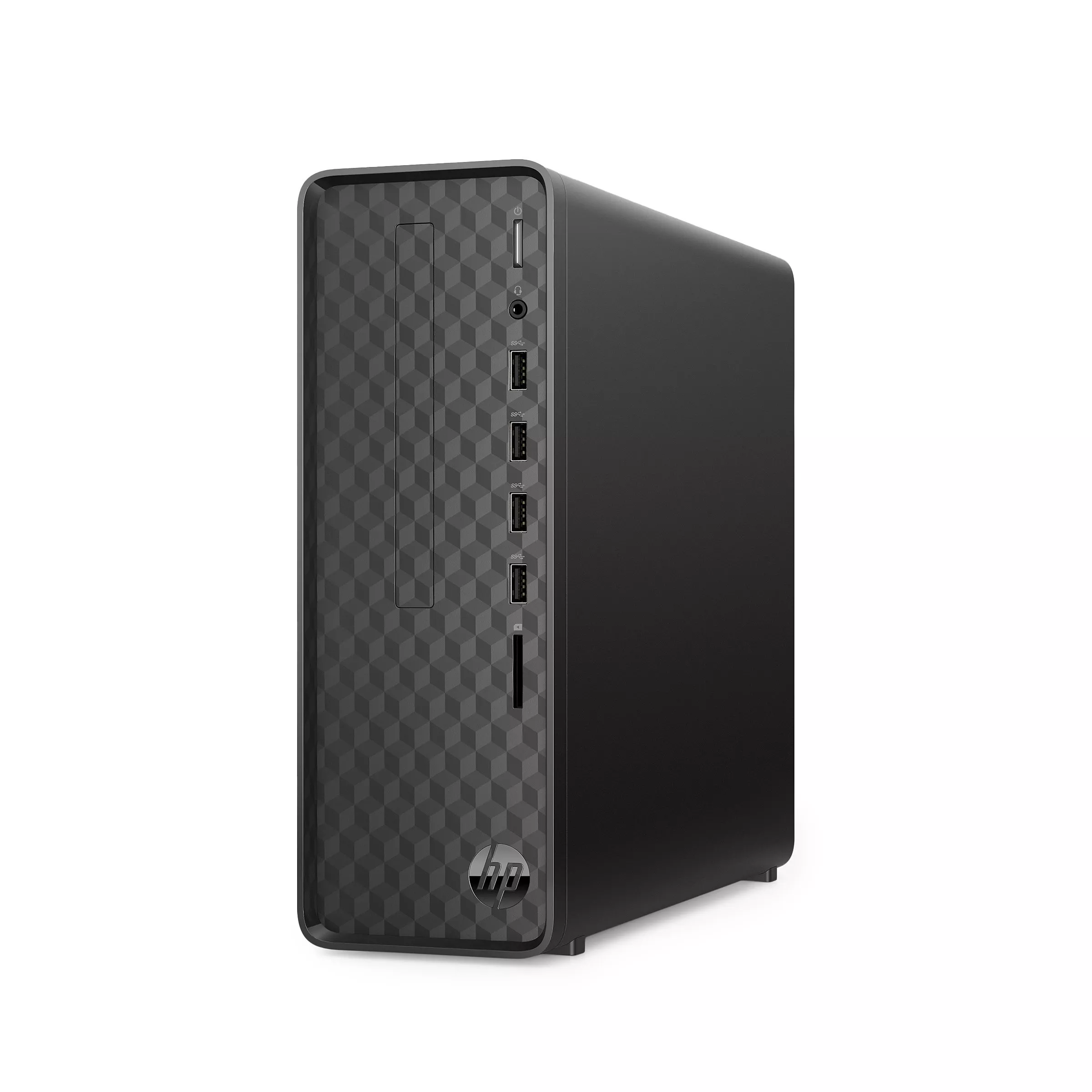 A sleek black desktop computer tower featuring a geometric front panel design and multiple USB ports for connectivity.