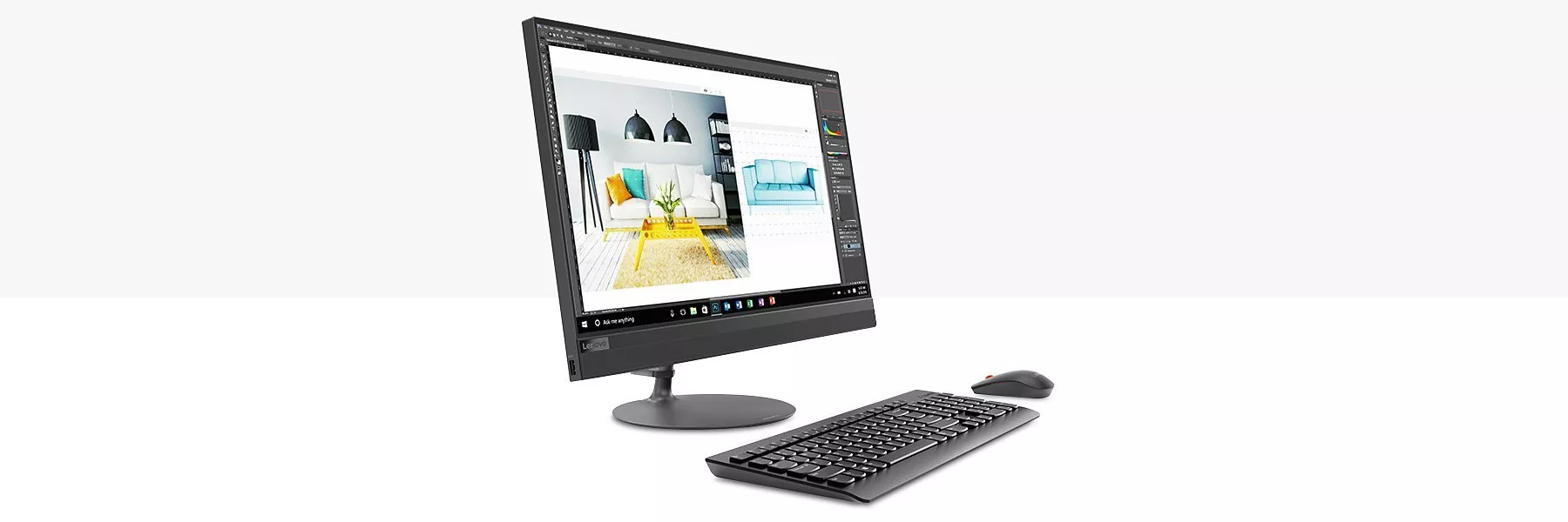 Sleek all-in-one desktop computer with a large monitor, wireless keyboard, and mouse on a white background.