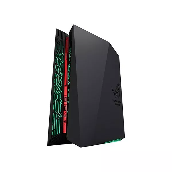 Sleek black gaming PC with angular design, featuring green LED accents and visible ports on the side.