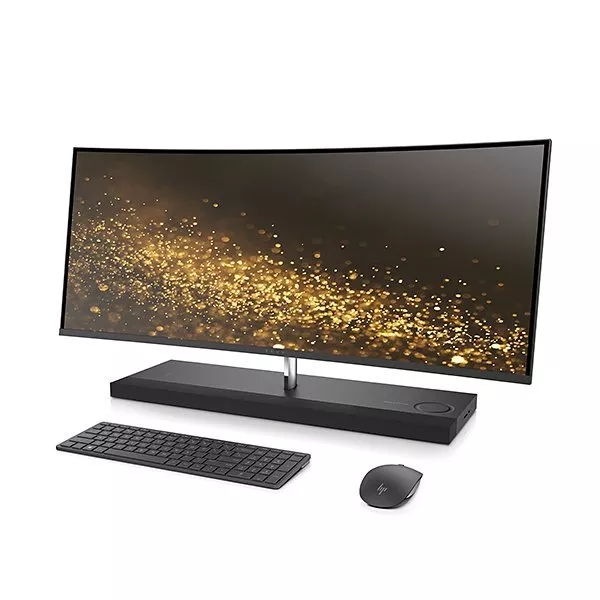 Curved widescreen monitor with keyboard and mouse, featuring a sleek design and gold sparkles on display.