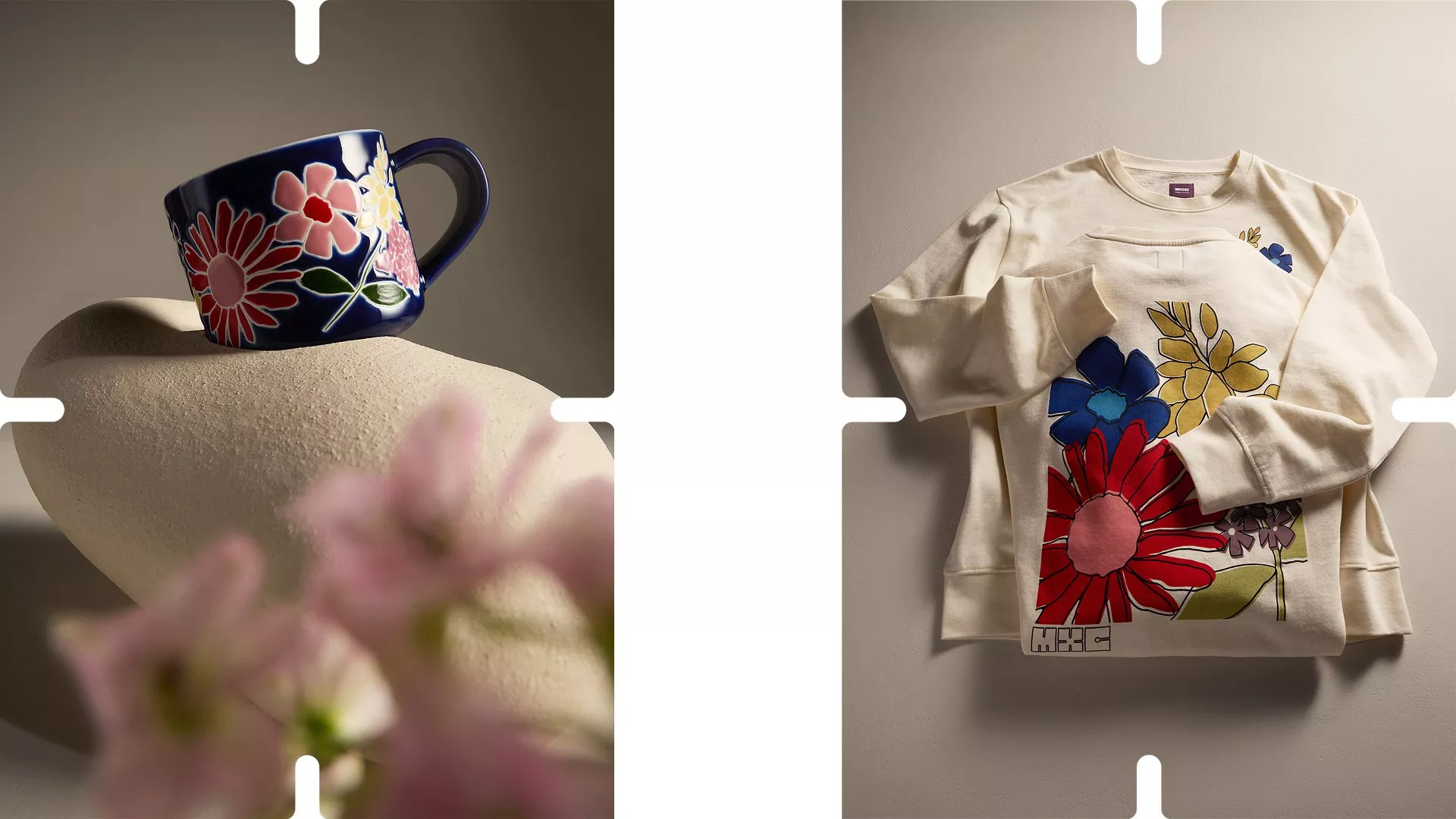 First images of a man in a t-shirt. Second image of a man in a t-shirt with sweater draped around his shoulders and holding a mug