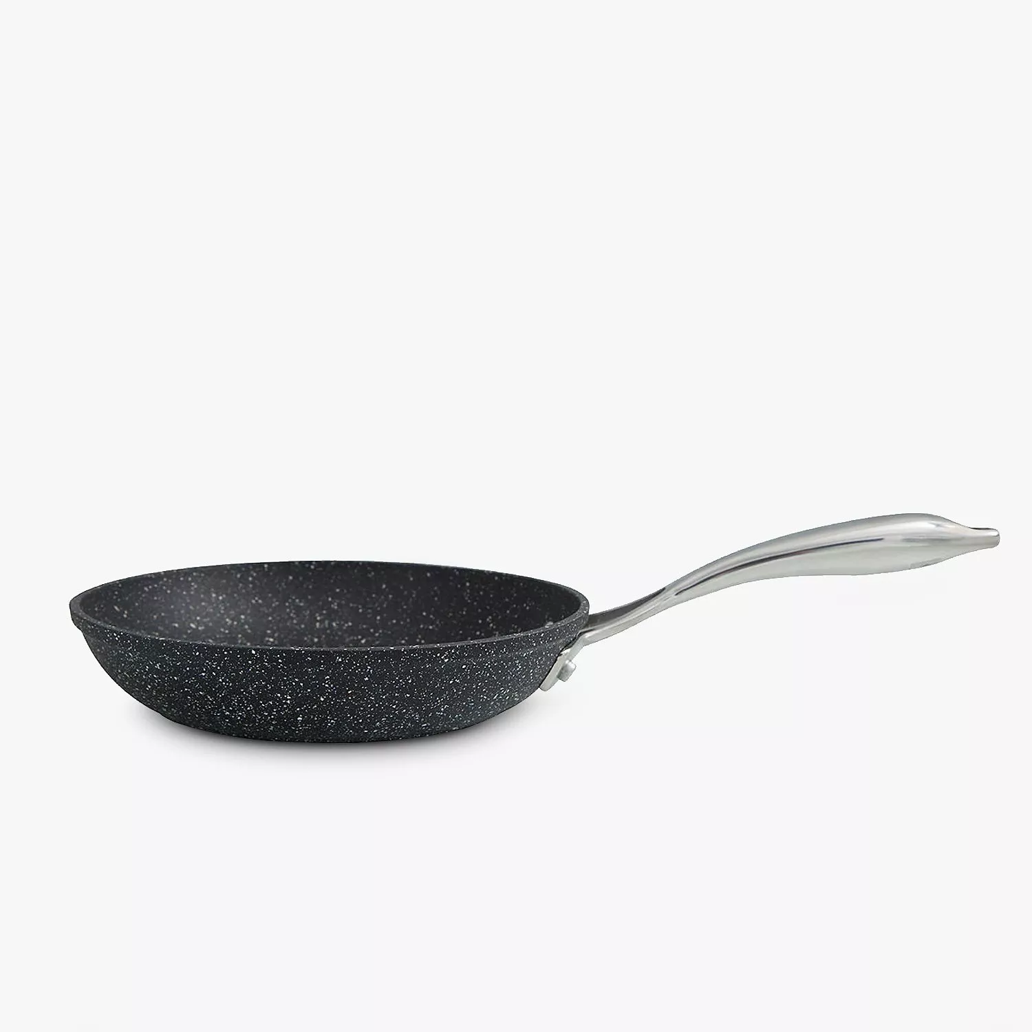 Black speckled non-stick frying pan with stainless steel handle, ideal for everyday cooking on the hob