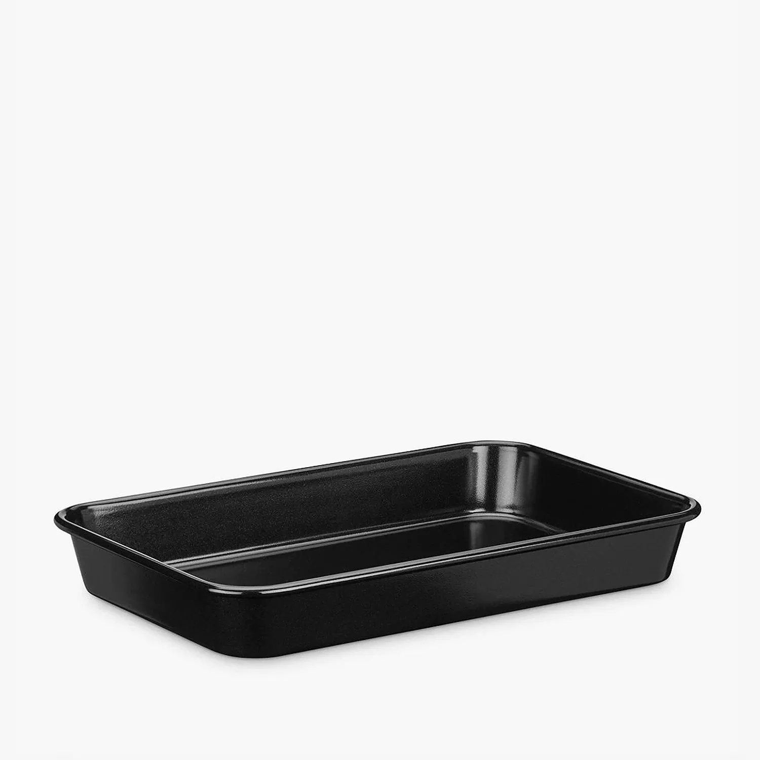 Black non-stick roasting tin on white background, rectangular oven tray for baking and roasting meats and vegetables