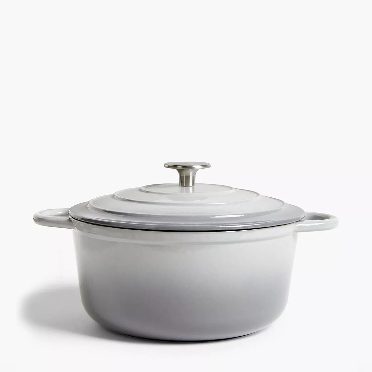 Grey enamel cast iron casserole dish with lid and side handles, ideal for slow cooking and stews