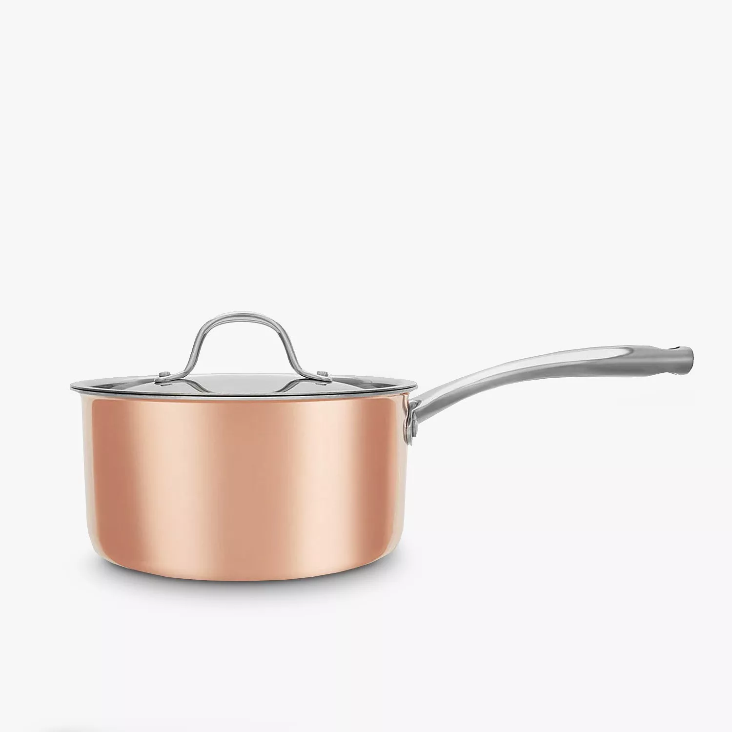 Copper saucepan with stainless steel handle and lid, shown on white background for cookware product display