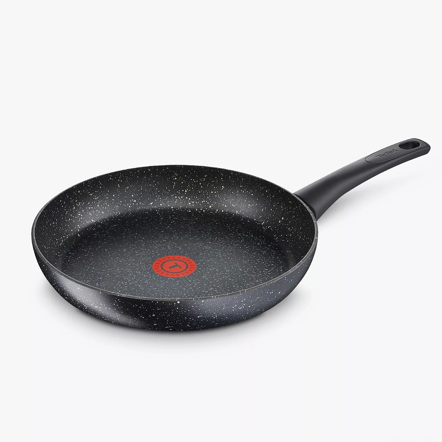Black speckled non-stick frying pan with long handle and heat indicator, ideal for everyday cooking in the kitchen