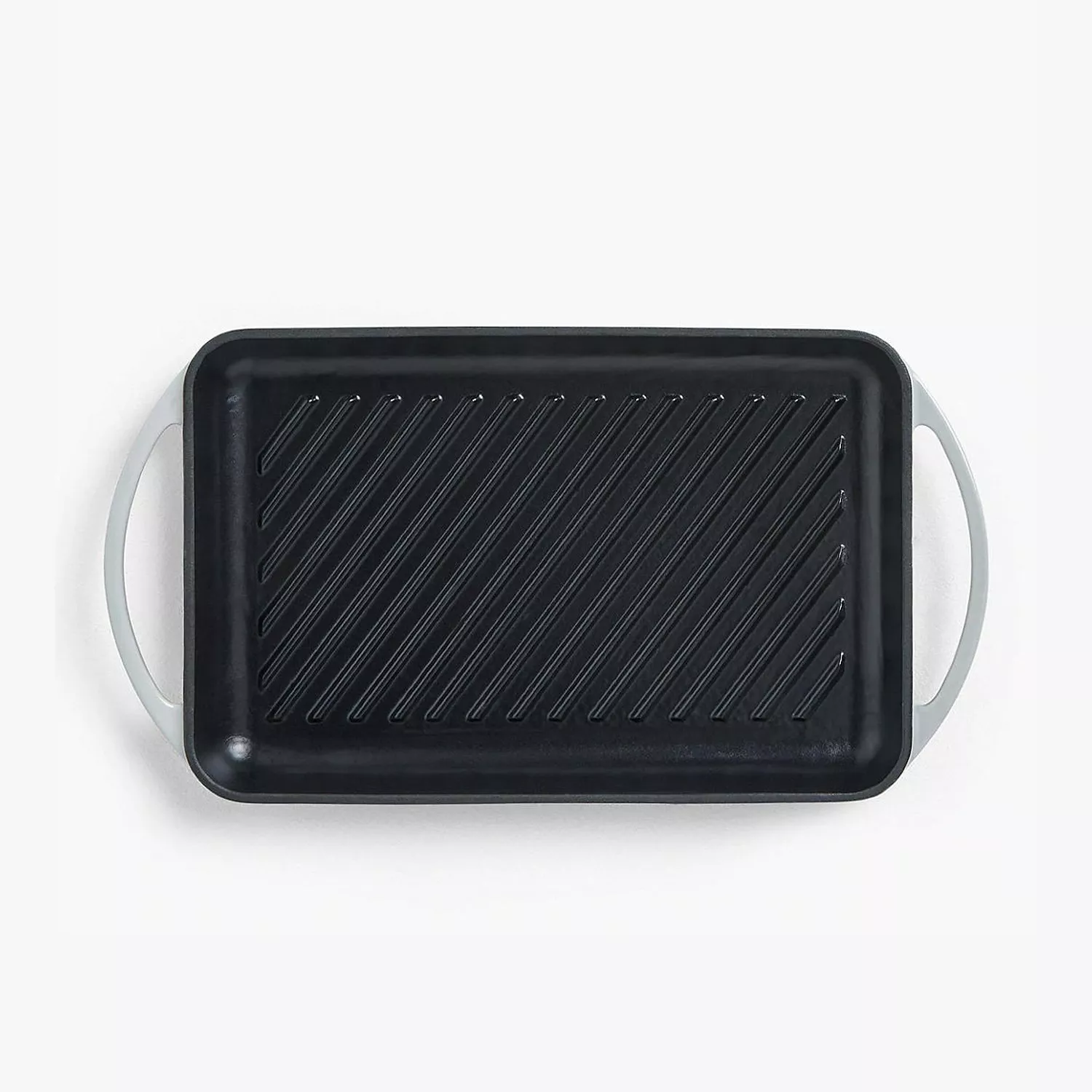 Black rectangular ridged grill pan with light grey handles, top view, non-stick cookware for grilling indoors