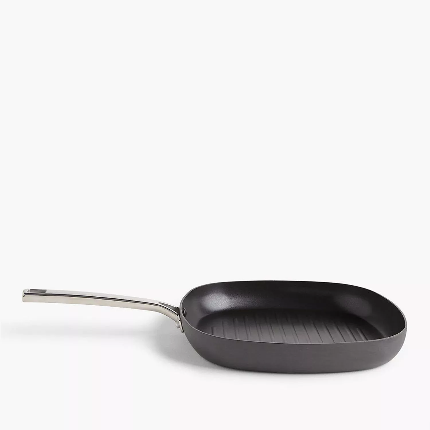 Black non-stick square grill pan with ridged base and stainless steel handle on a white background