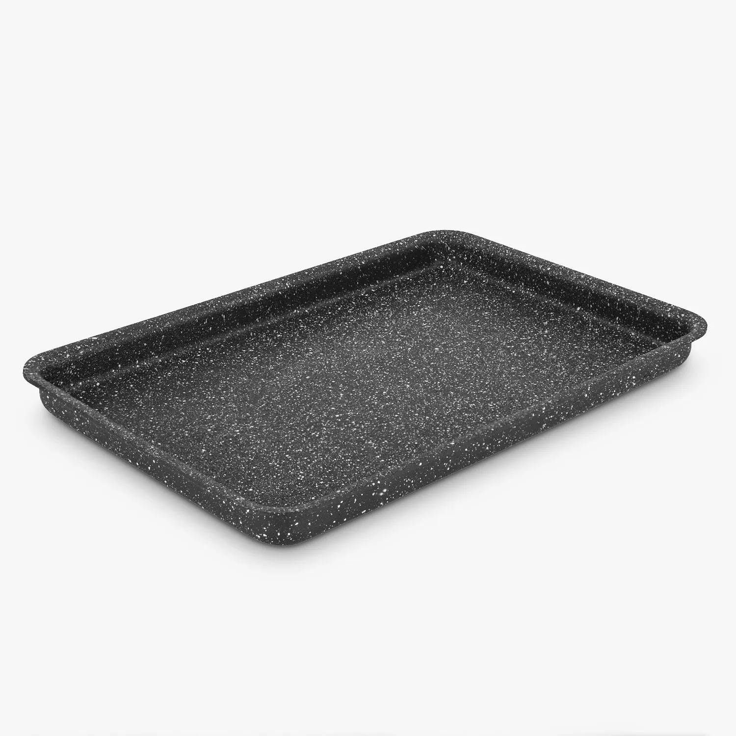 Speckled non-stick baking trays and cake tin with scones, jam thumbprint biscuits and iced cake on kitchen counter