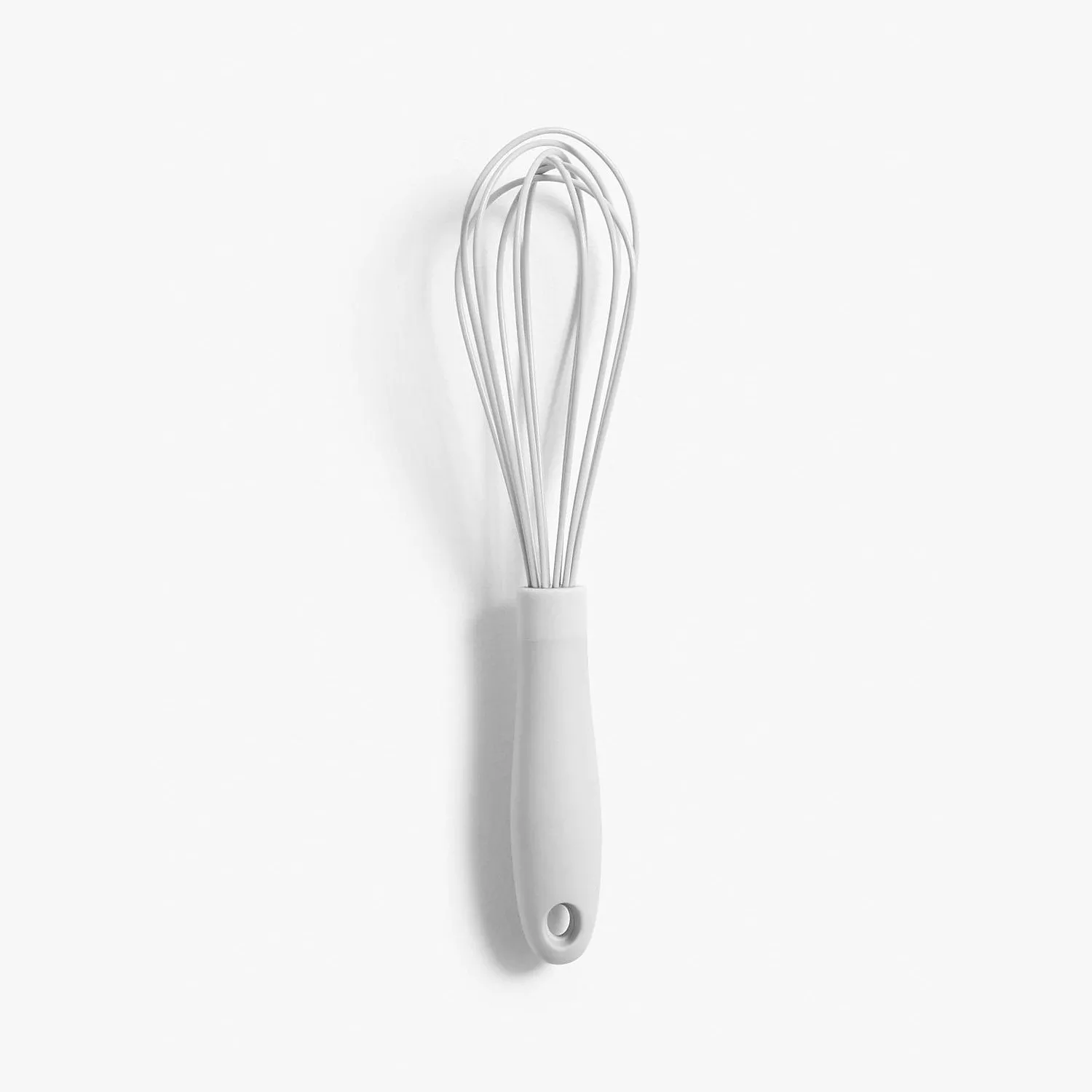White silicone balloon whisk with ergonomic handle, ideal kitchen utensil for baking, mixing and cooking tasks