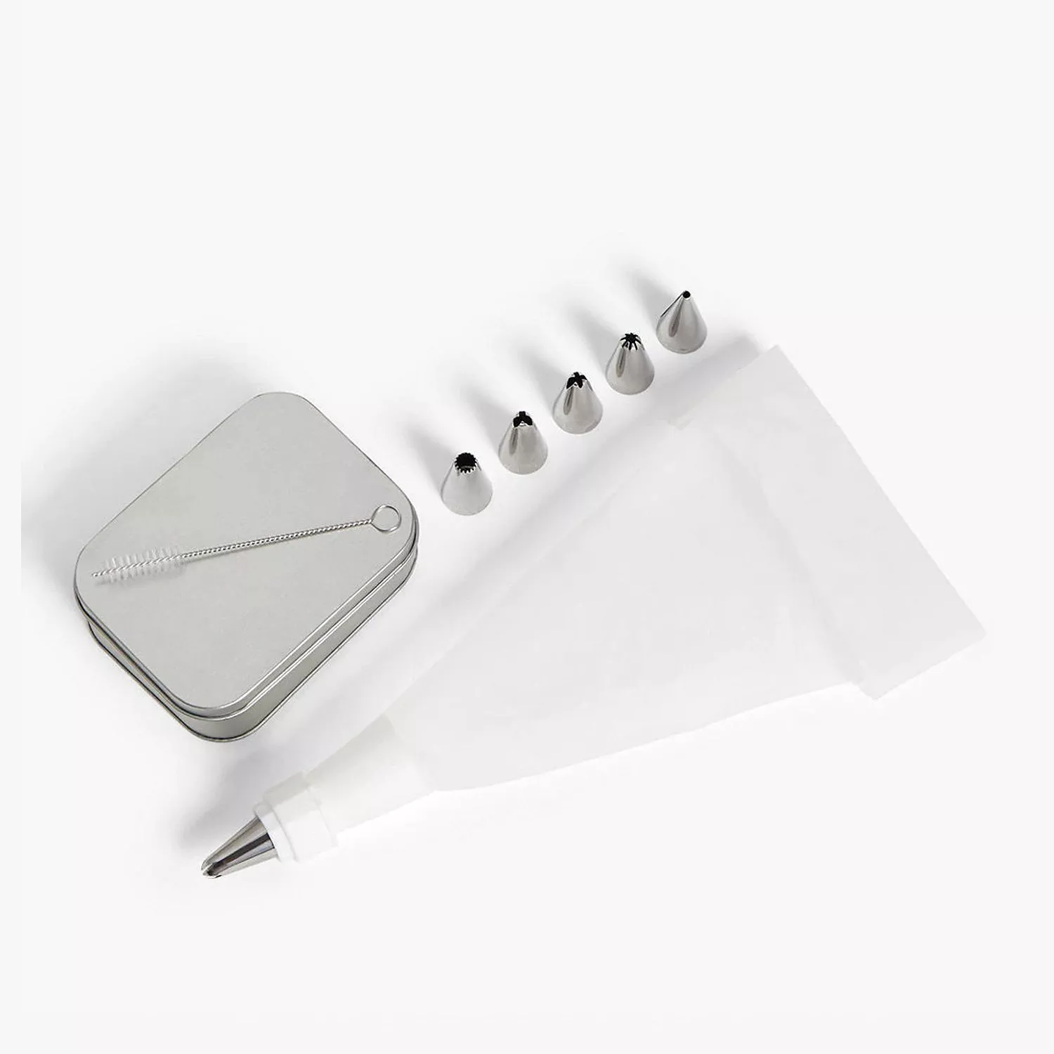 Icing piping bag set with metal nozzle tips, cleaning brush and tin case for cake decorating and baking