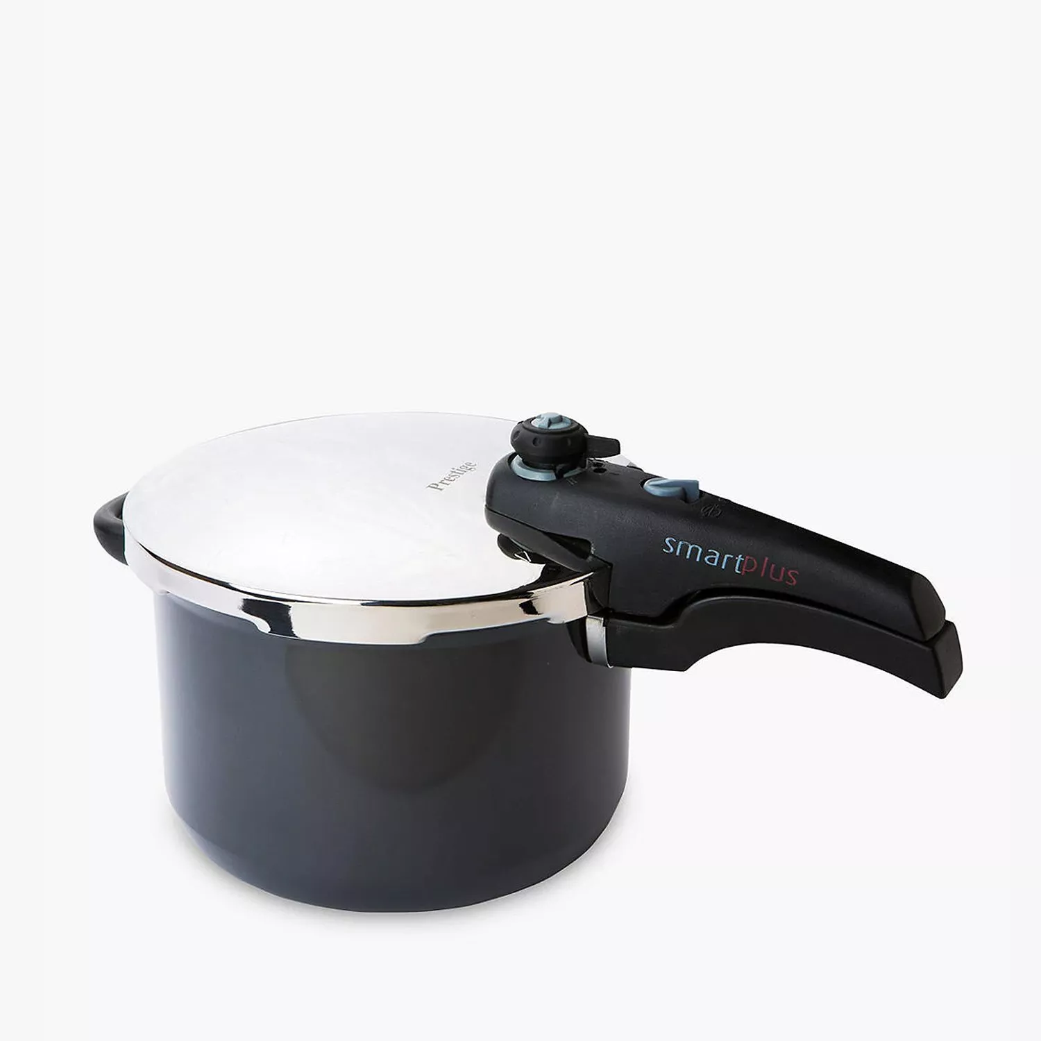 Prestige Smartplus pressure cooker with stainless steel lid and black handle, isolated on white background
