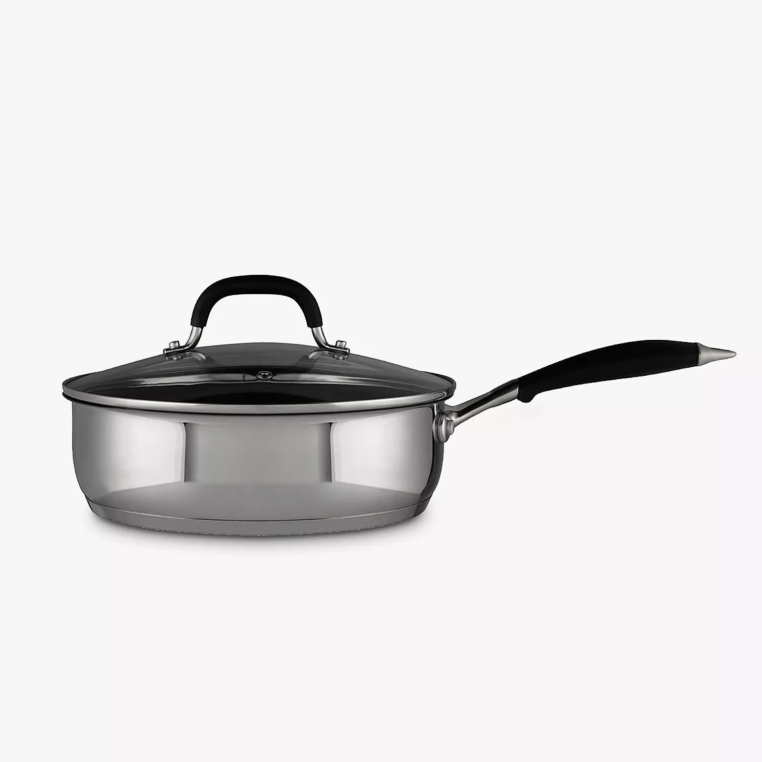 Stainless steel sauté pan with glass lid and black handle, ideal for everyday hob cooking and frying