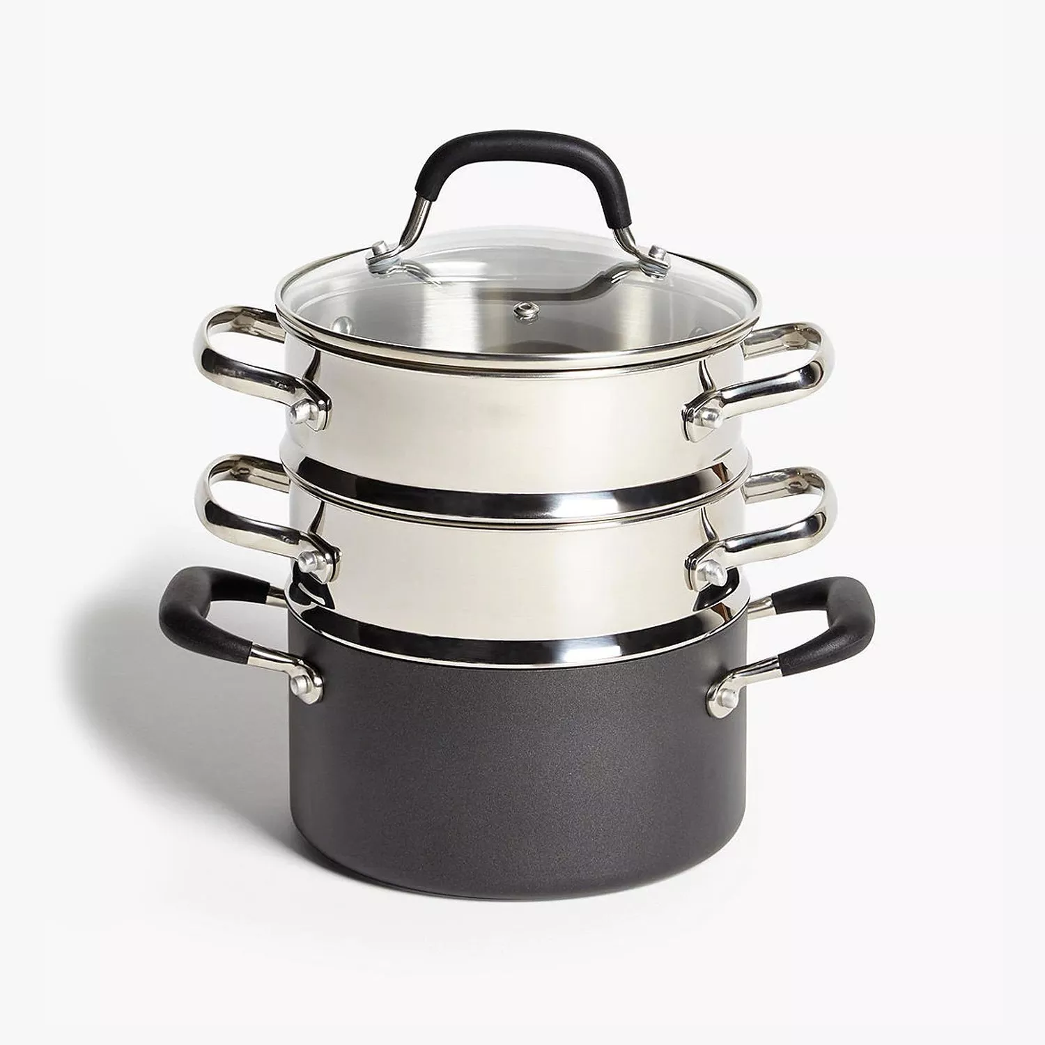 Three-tier stainless steel steamer pot set with glass lid and side handles, ideal for healthy cooking at home
