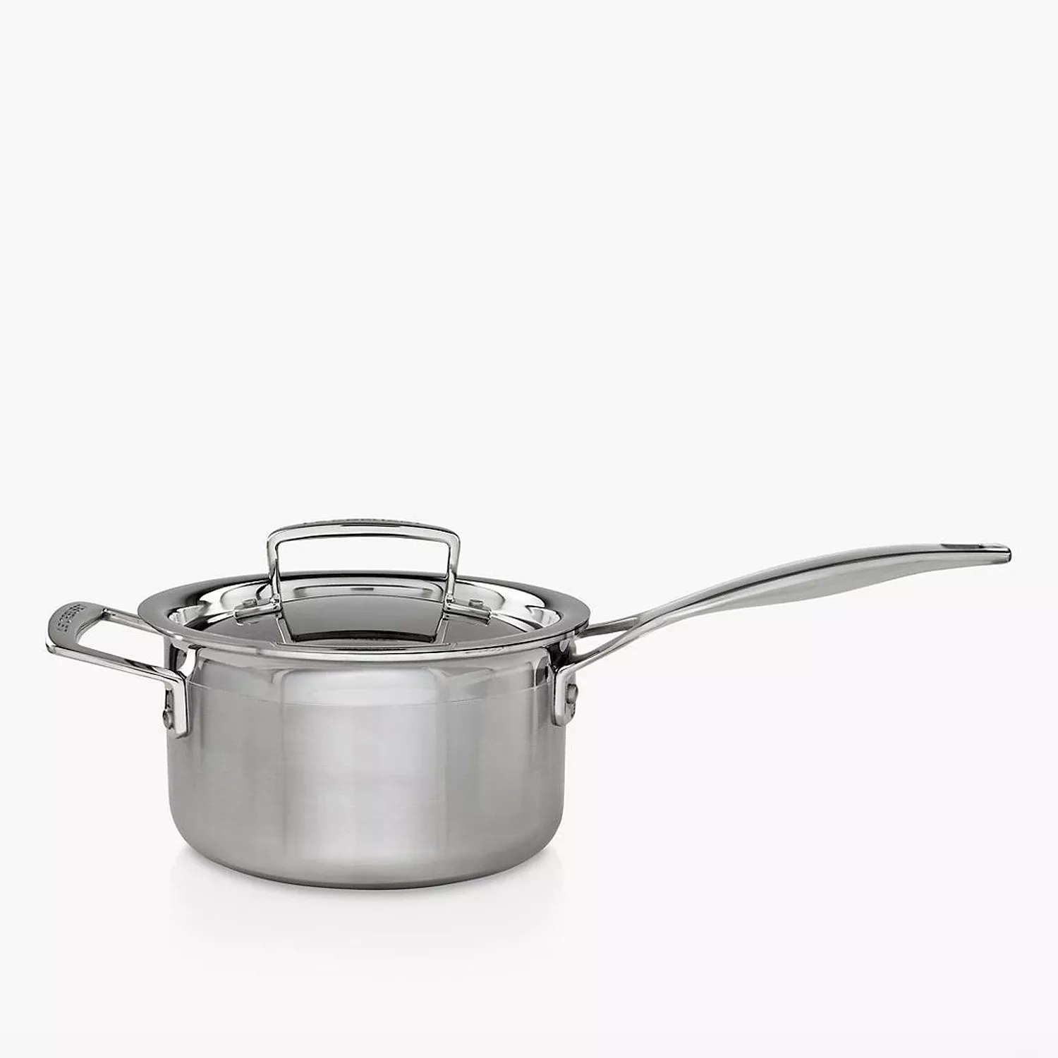 Stainless steel saucepan with lid and long handle, polished finish, ideal for everyday cooking on hob