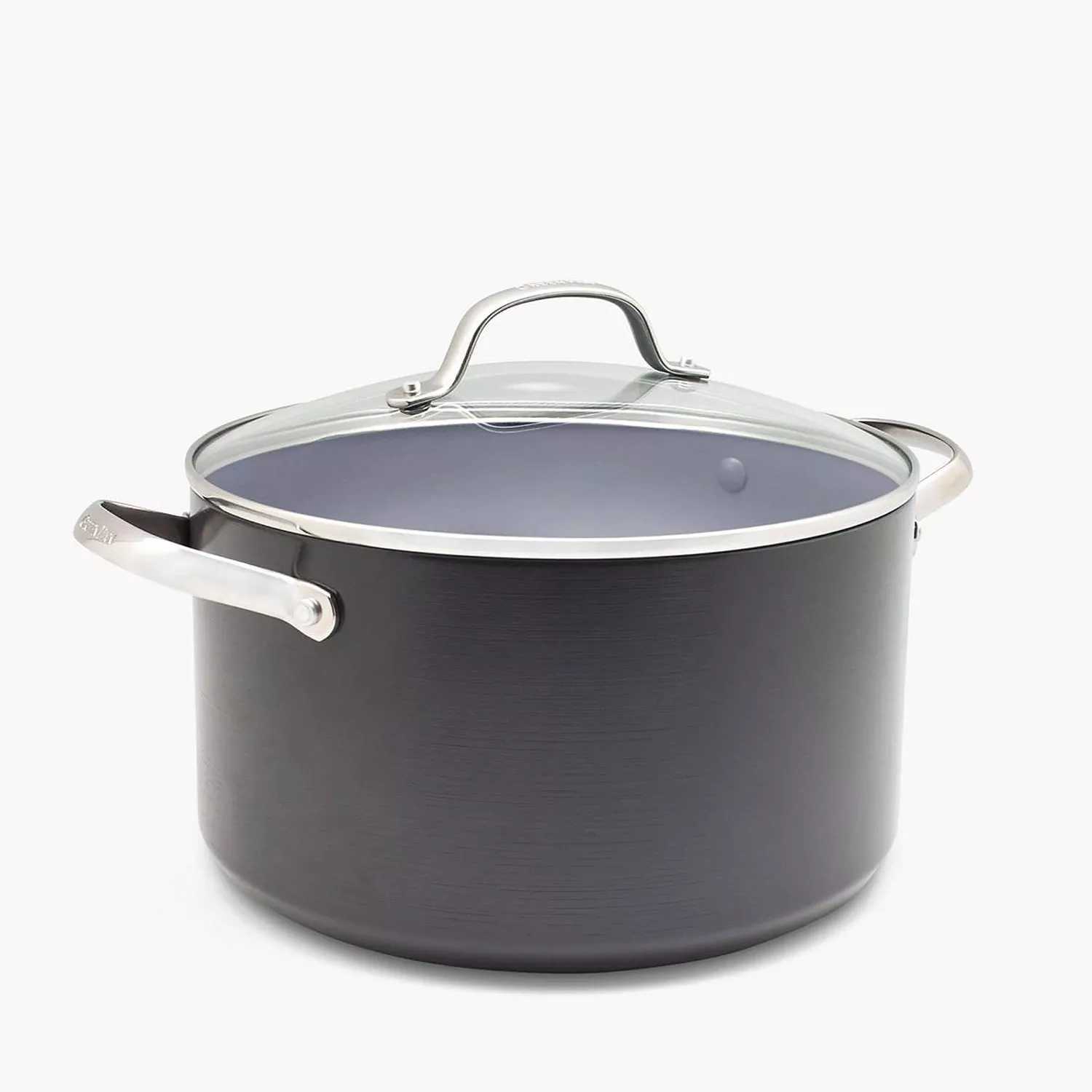 Large grey stockpot with glass lid and stainless steel handles, ideal for soups, stews and family cooking