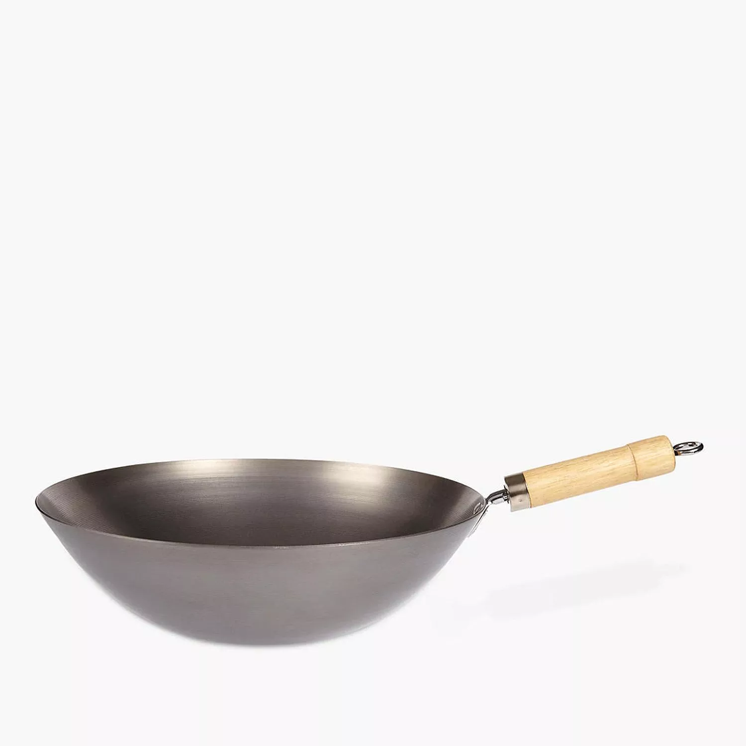Carbon steel wok with wooden handle on white background, ideal for stir-frying and Asian cooking at home