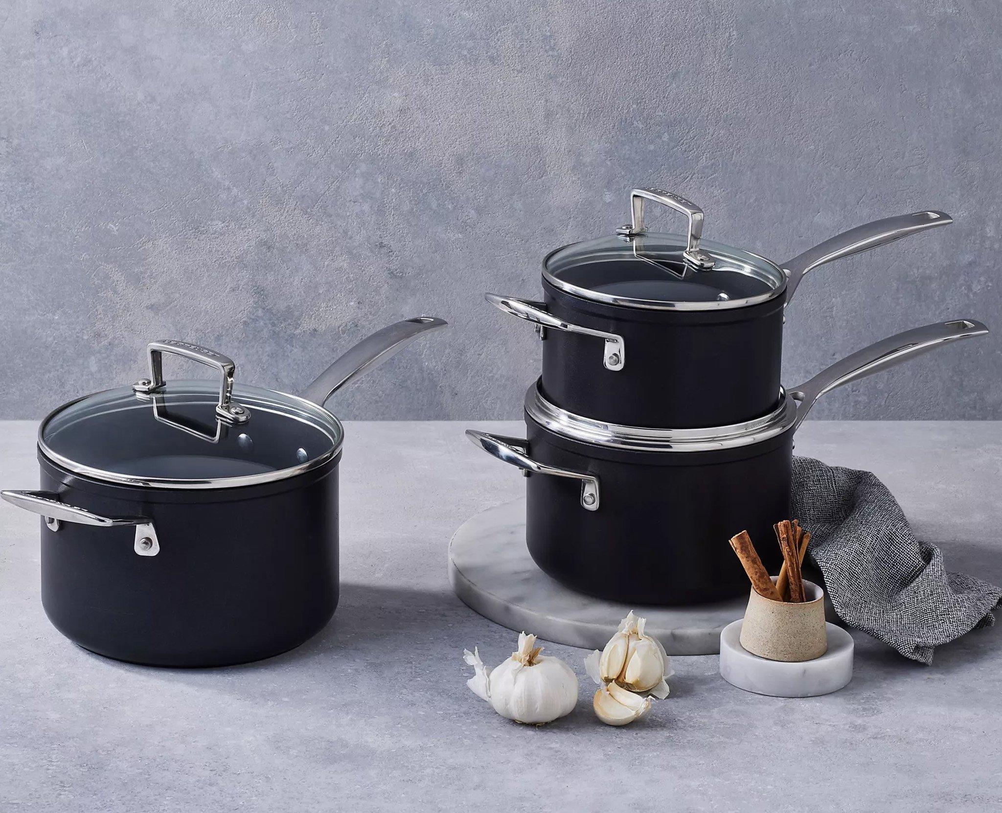 Pans and pots on a kitchen worktop