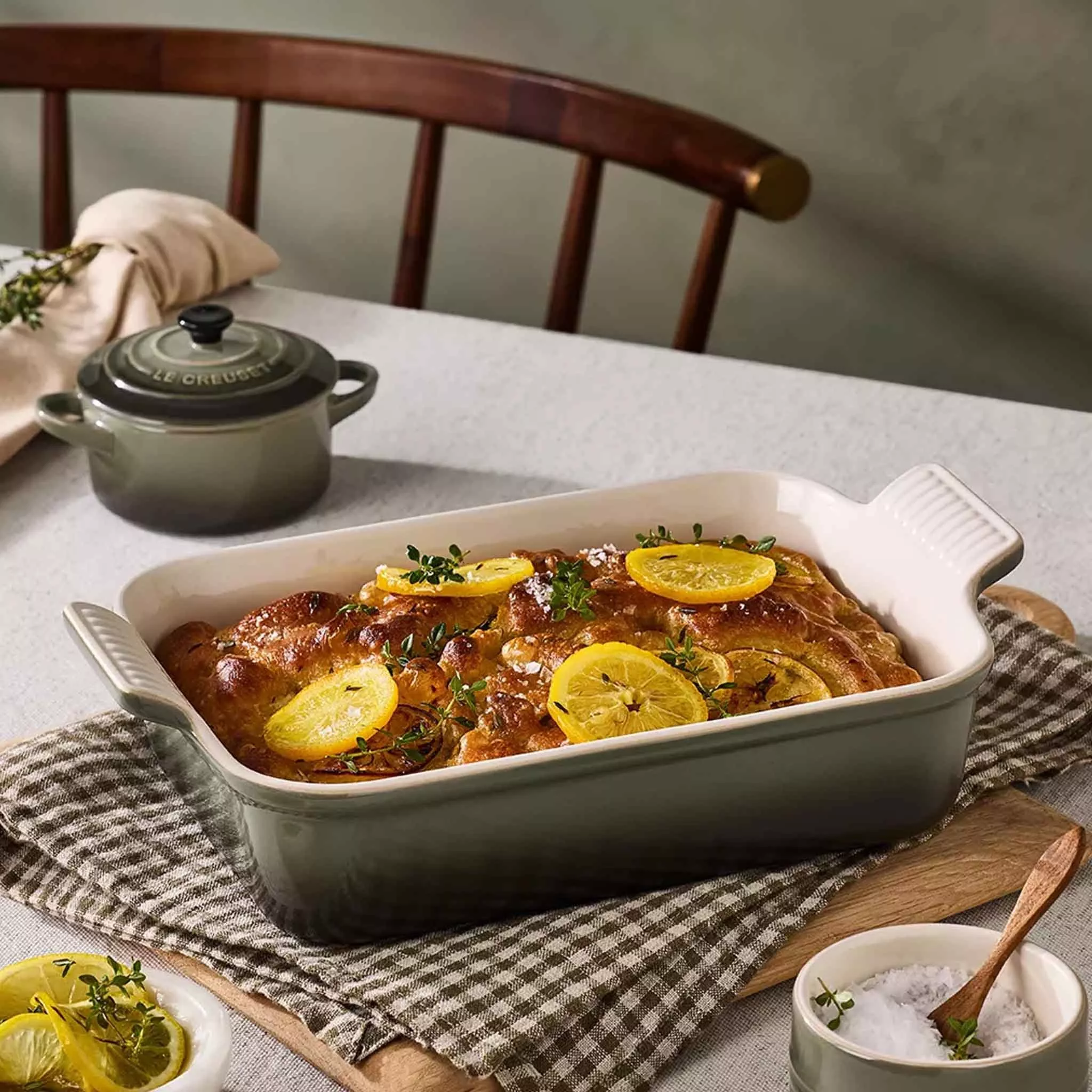 Roasting tin on a dining table