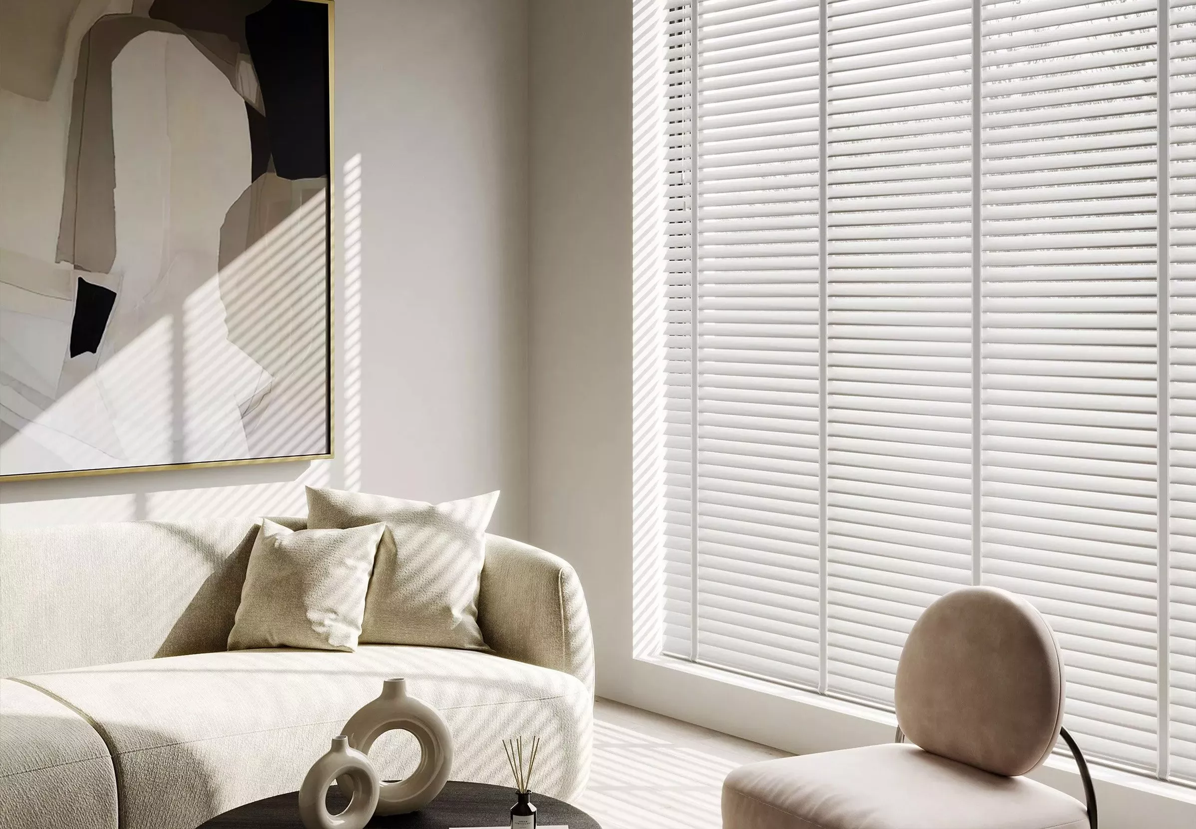 Living room with cream sofa and white horizontal blinds on the window