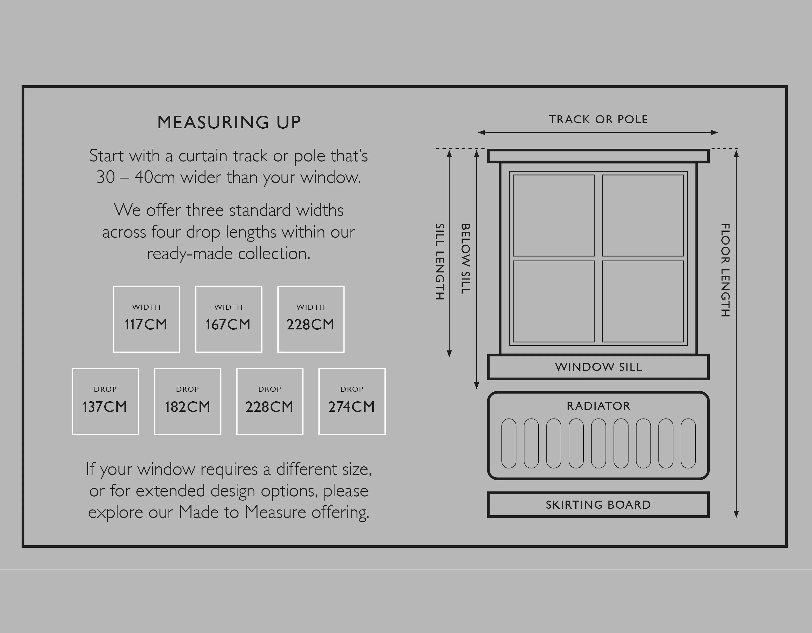 Curtain measuring guide diagram showing track width and drop lengths, plus window sill, radiator and floor options.