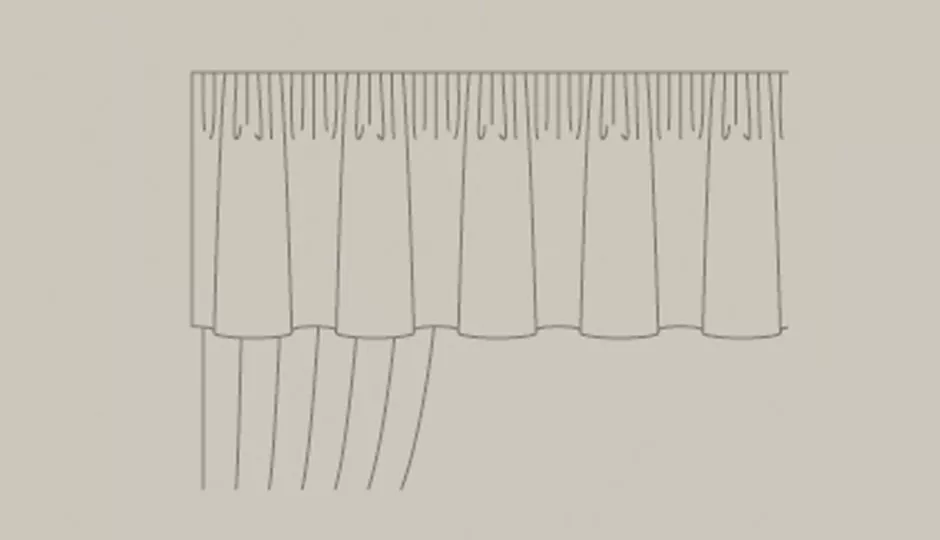 Minimalist line drawing of a pleated window curtain with gathered header and hanging fabric folds on grey background