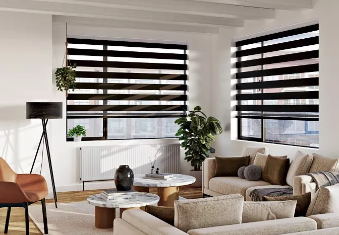 Living room with black horizontal blinds on the windows 