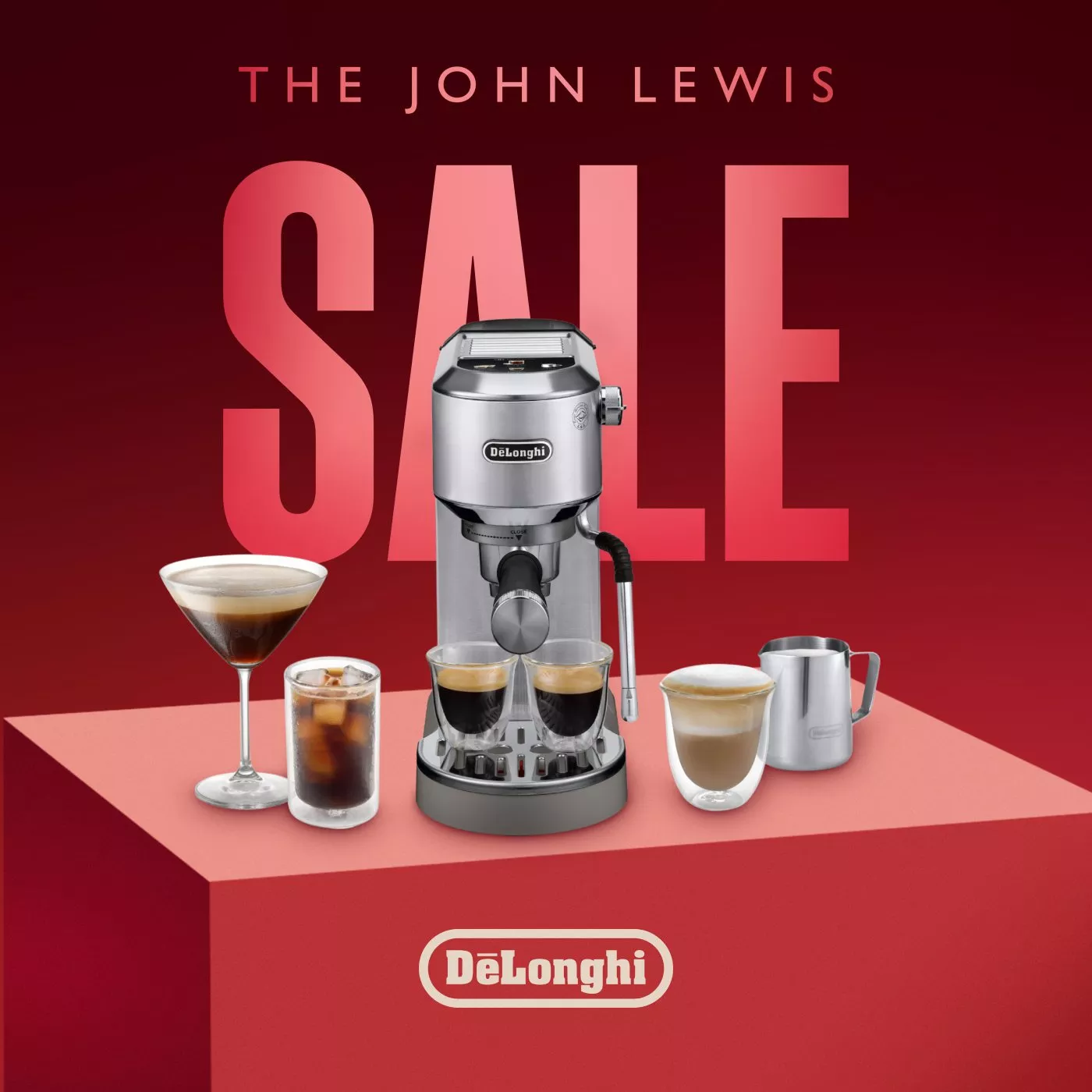 John Lewis sale advert featuring De’Longhi espresso machine with coffee drinks, milk jug and red background