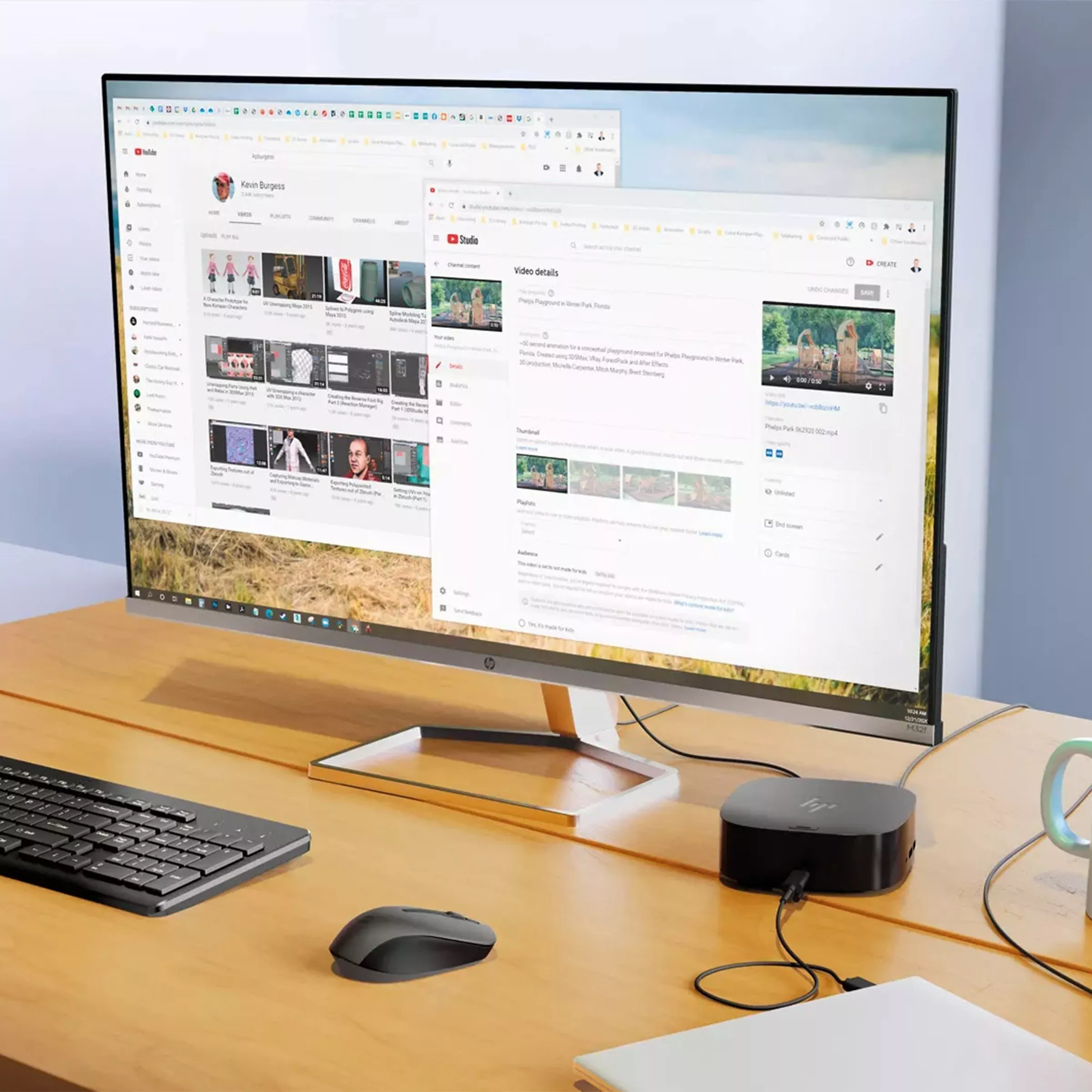 Desktop computer on a desk with keyboard and mouse