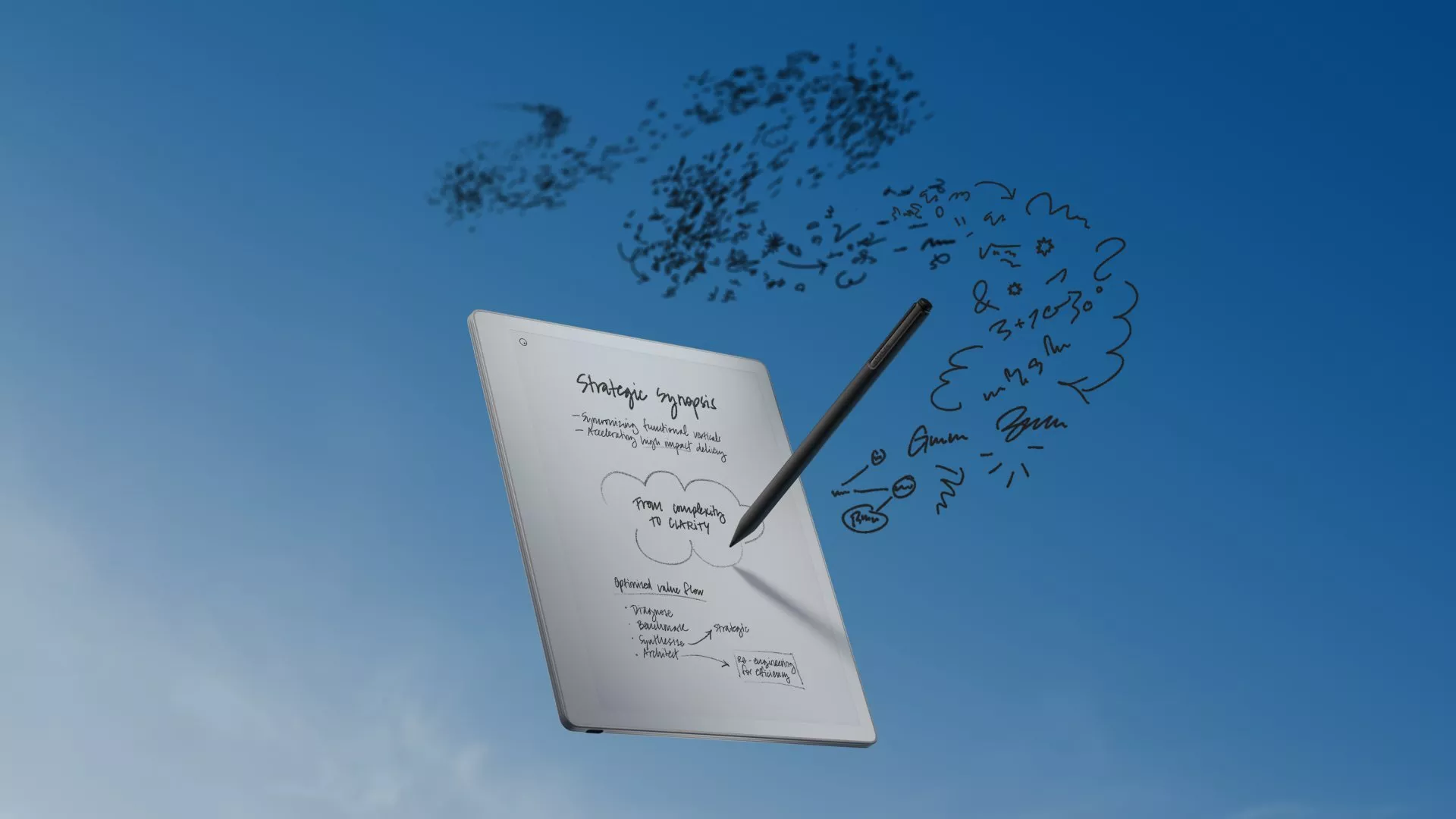 Digital e-ink tablet and stylus with handwritten notes and doodles floating against a blue sky background