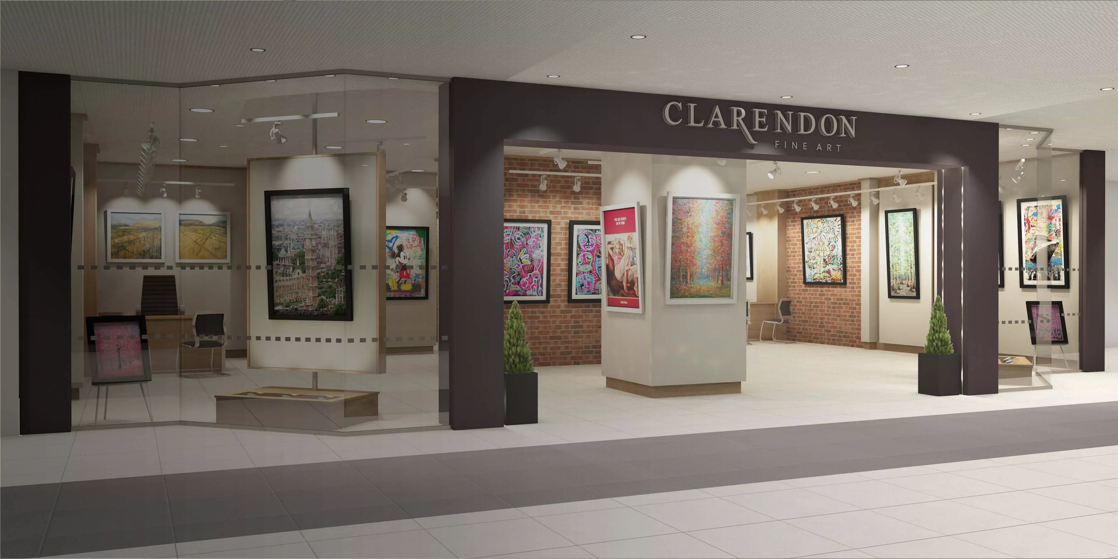 Clarendon Fine Art gallery shopfront in a modern shopping centre, showcasing colourful framed artwork on display.