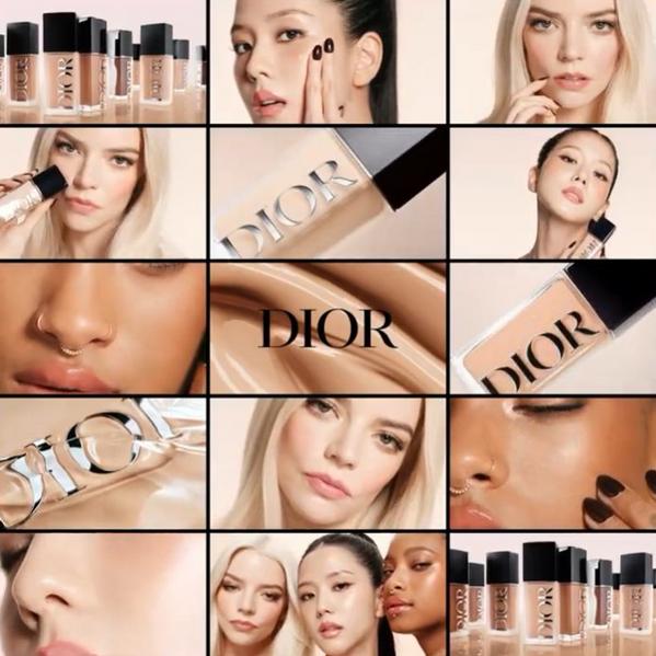 Collage featuring diverse models showcasing Dior foundation products, highlighting flawless skin textures.
