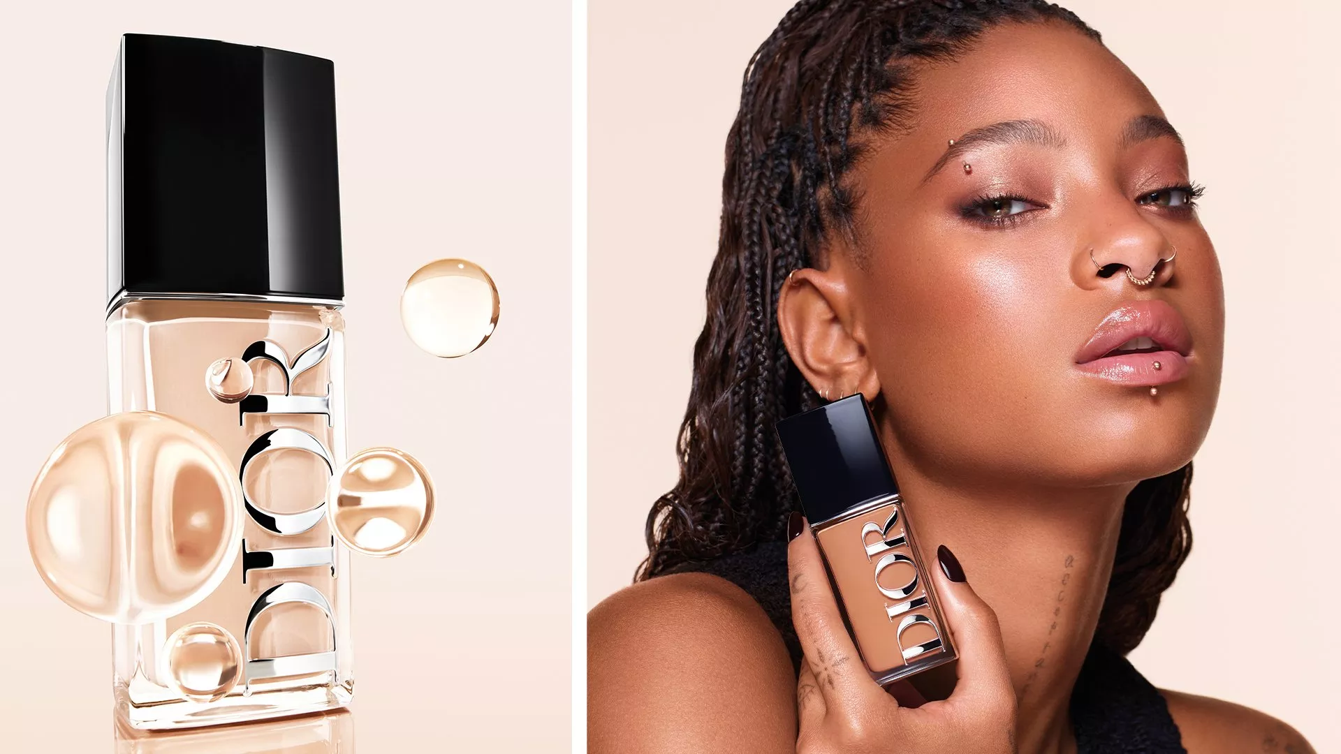 A woman with facial piercings holds a Dior foundation bottle. The product is showcased with glowing spheres.