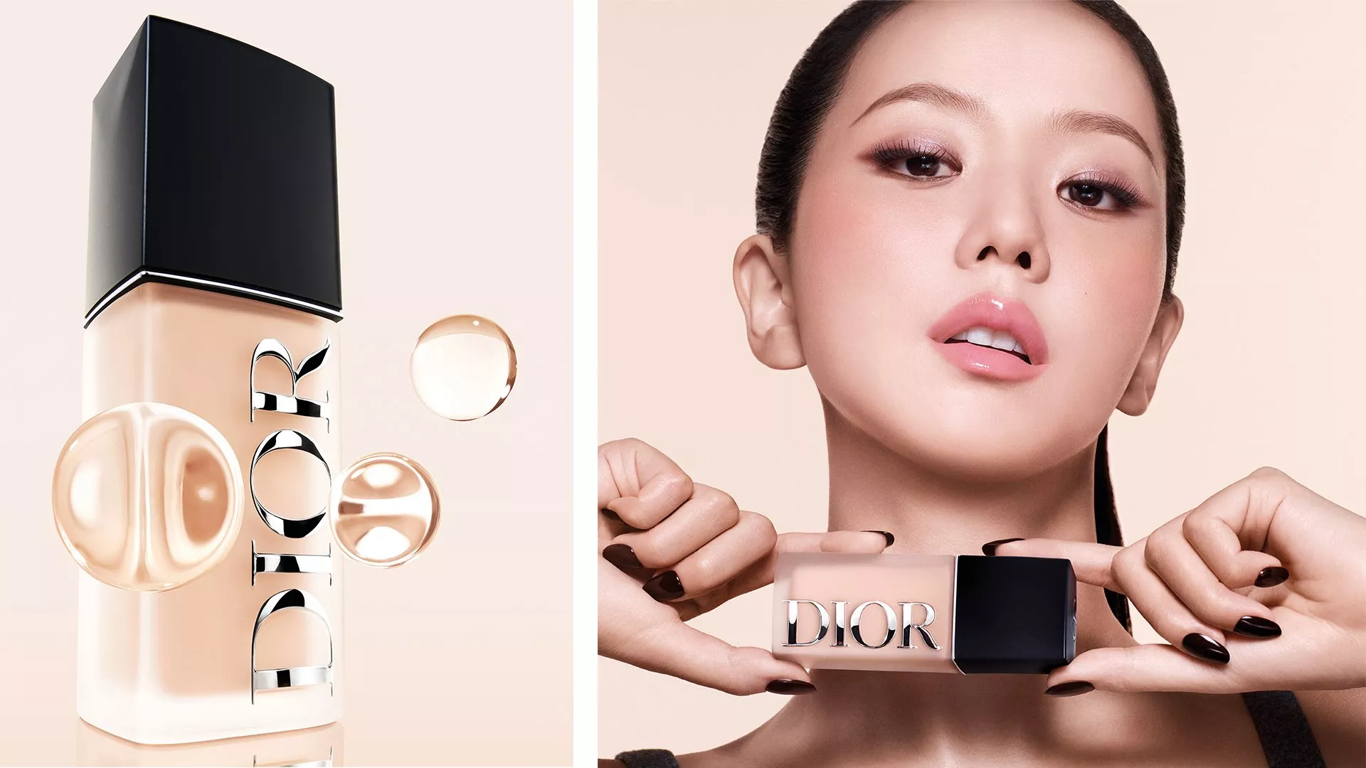 A Dior foundation bottle with sleek black cap, held by hands with dark nail polish, set against a beige background.