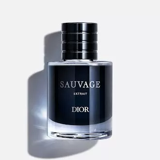 Dior Sauvage Extrait perfume bottle with black cap on white background, luxury men’s fragrance product photo