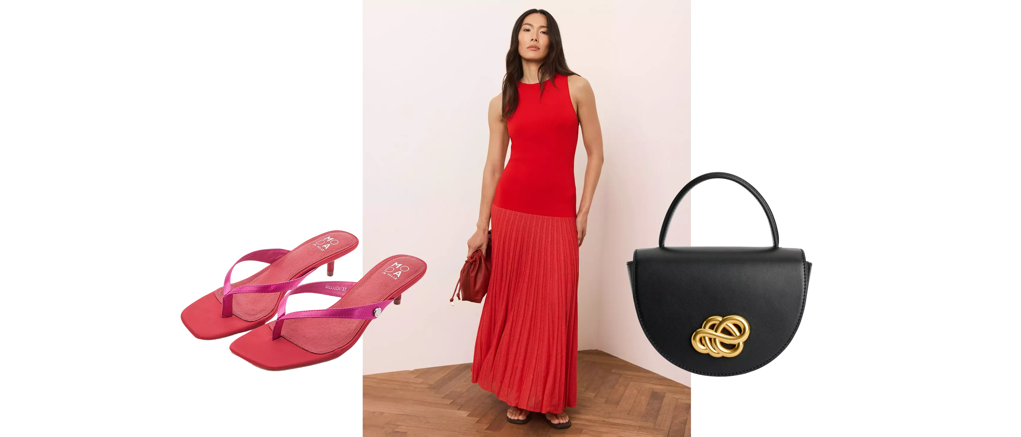 Woman in a red dress, next to image of red kitten heel toe sandals, and black chain pouch bag