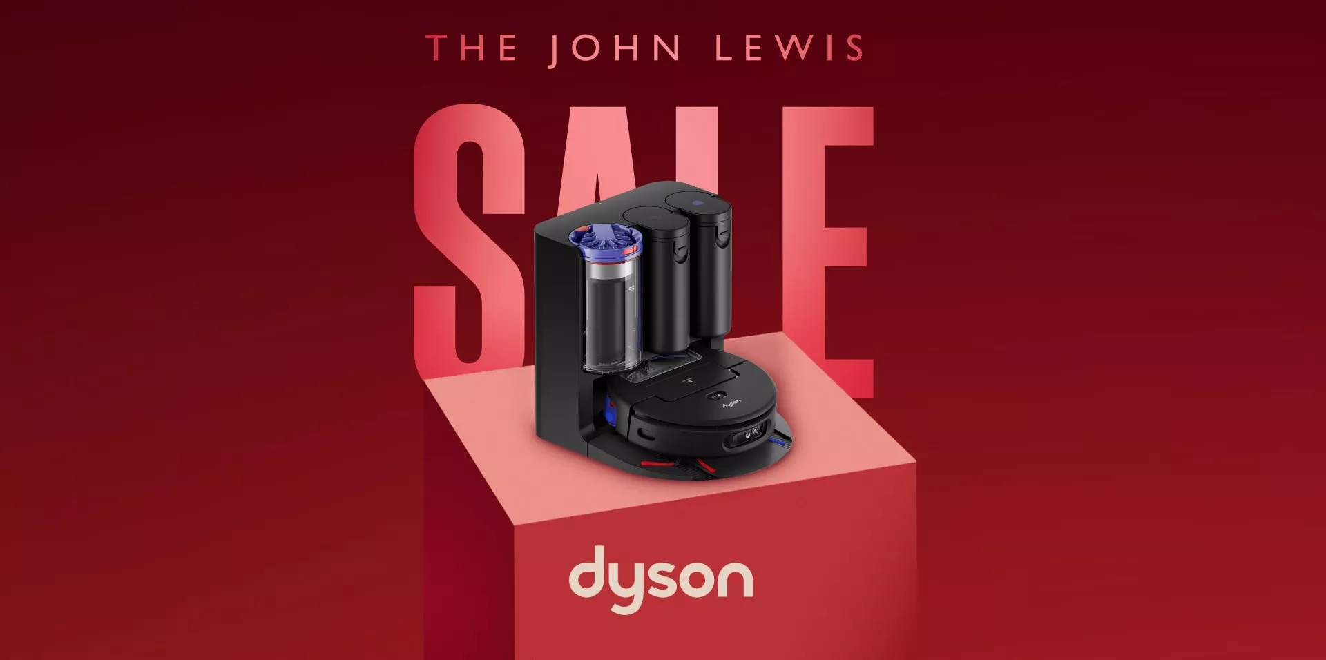 John Lewis sale banner featuring Dyson robot vacuum and dock on red background with large SALE text