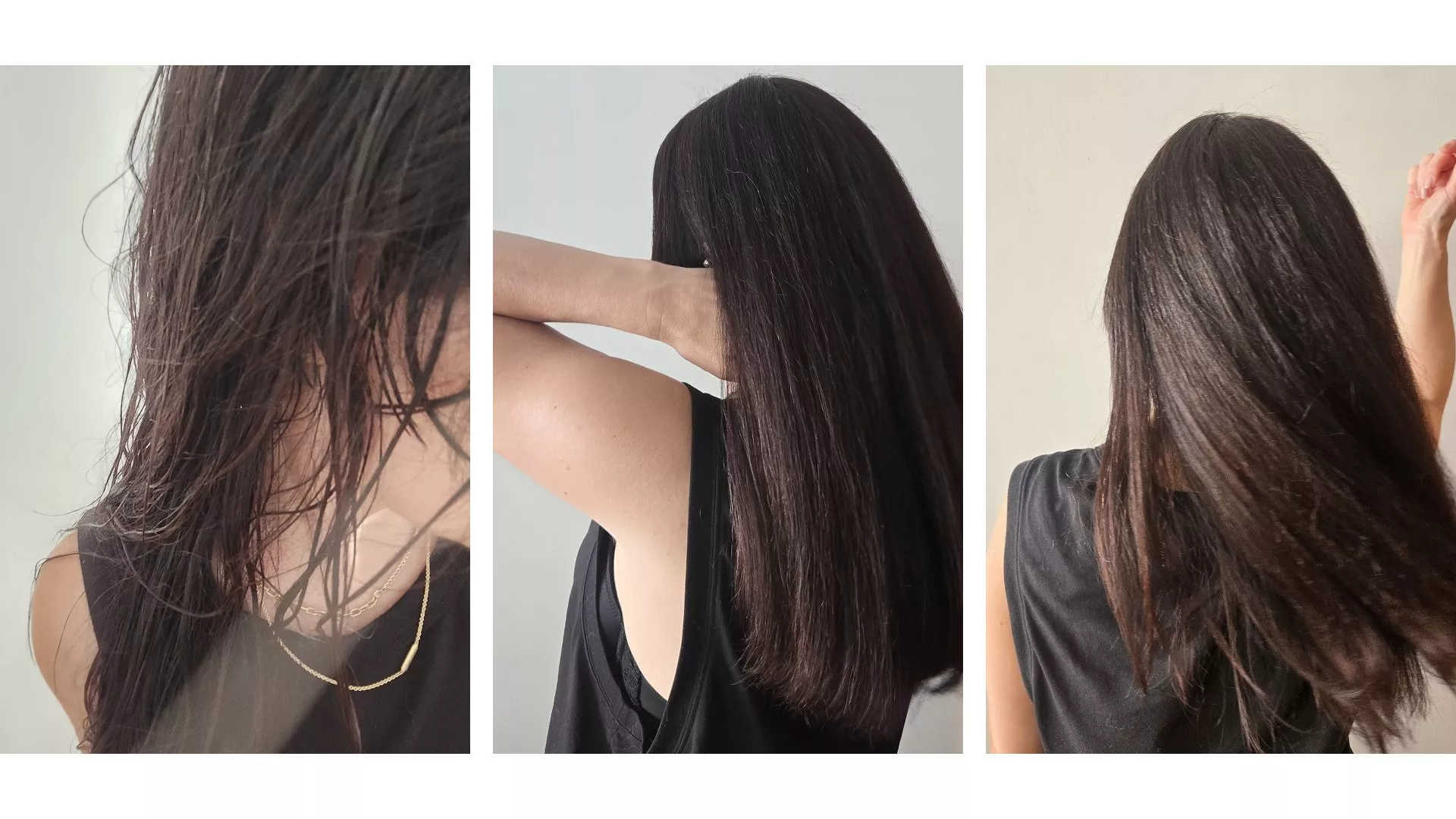 Three-panel before-and-after of long brunette hair: wet frizzy strands transformed into smooth, glossy finish